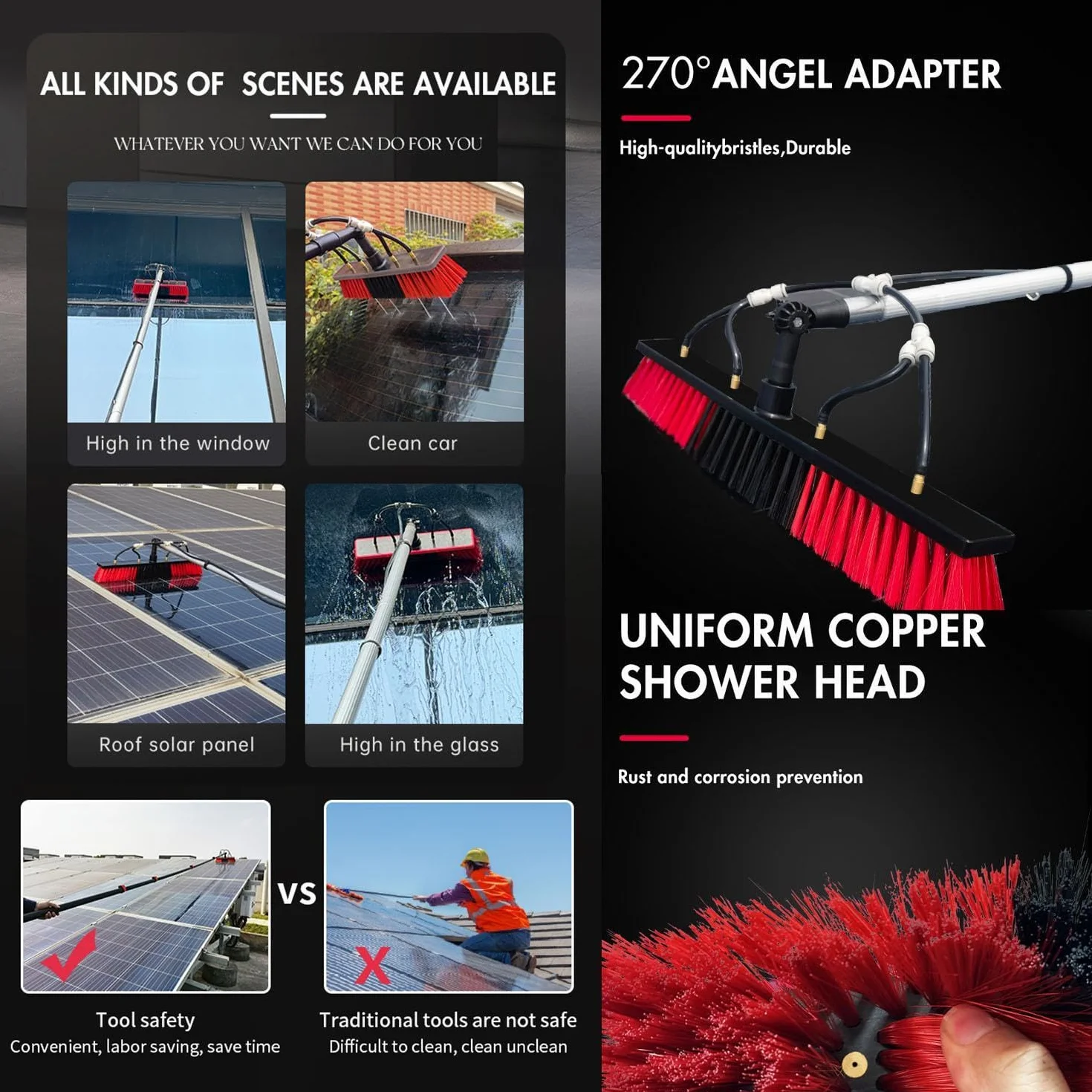 3,6-9M Di Pulizia Della Finestra, Kit Detergente Per Finestre, Polo Alimentato Ad Acqua/tubo, Attrezzatura Per La Pulizia Della Finestra, Pulizia Di Pannelli Fotovoltaici, 7.2M/55cm brush head