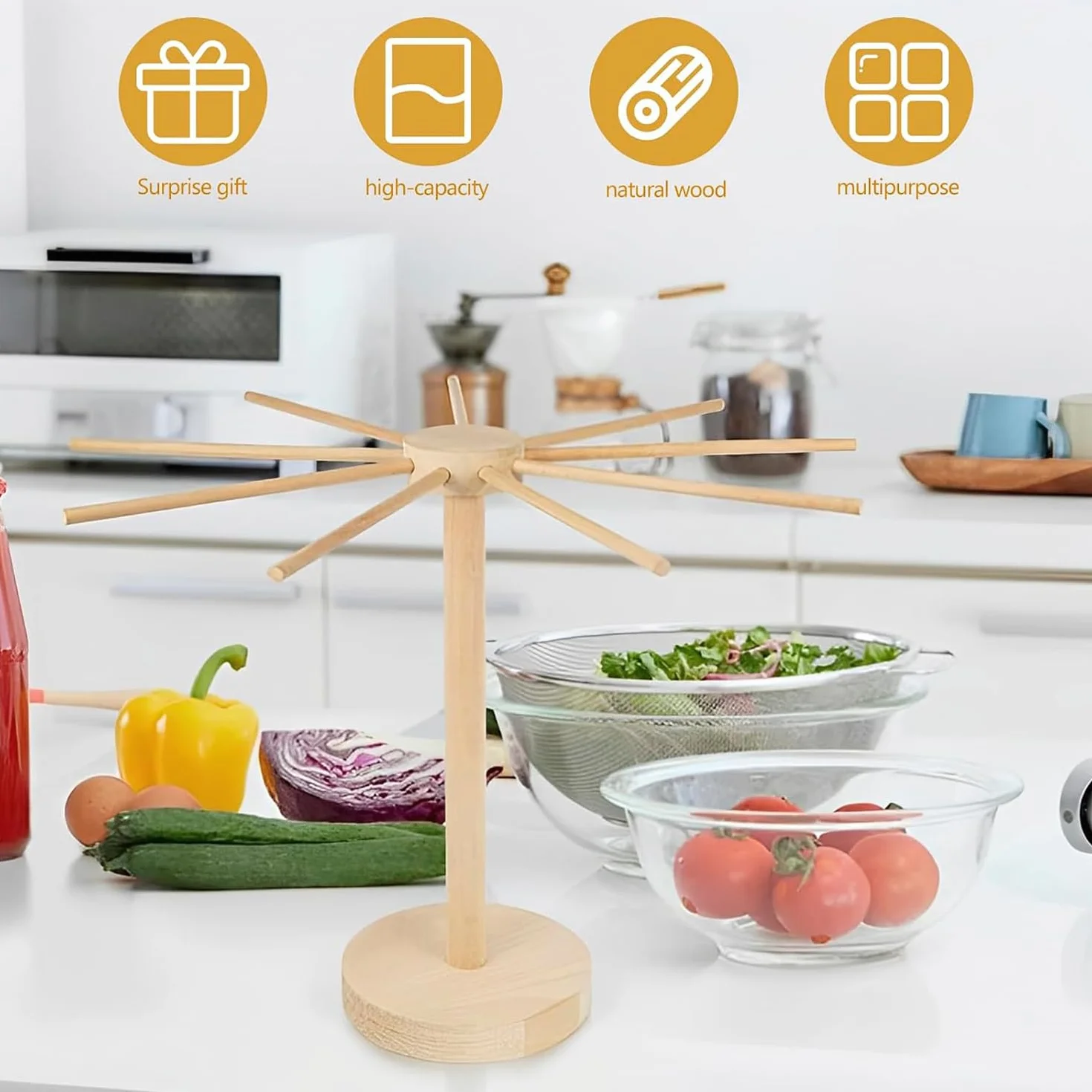 Essiccatore per Pasta, Stendino per Pasta, Essiccatoio per Pasta Grande in Legno con 9 Bracci Rimovibili,con Base, Riutilizzabili, per Spaghetti, Altezza 45 cm