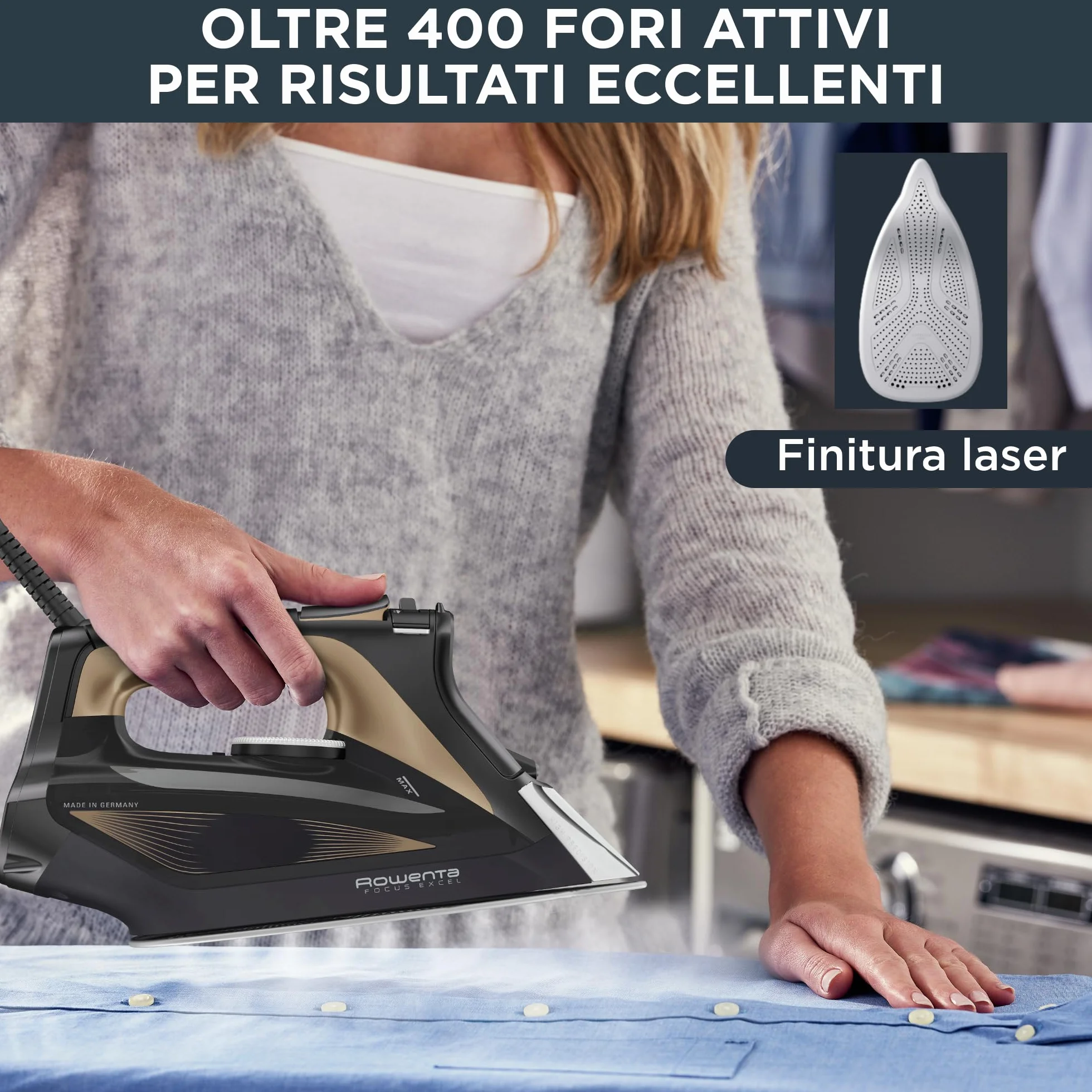 Rowenta DW5325 Focus Excel Ferro da Stiro a vapore 2700W, 2,2 L, Colpo Vapore 180 g/min, Piastra Microsteam HD, Impugnatura Ergonomica, Punta Profilata, Protezione Antigoccia, Modalità Eco