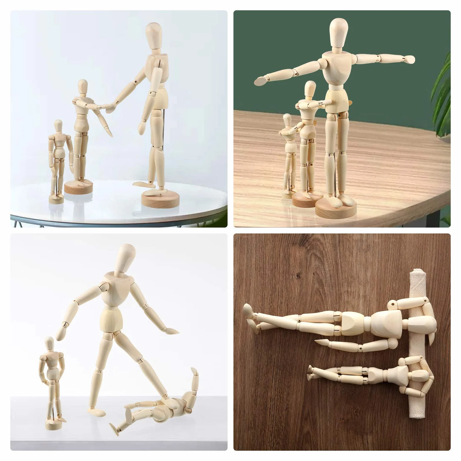 Manichino Artistico Mobile Snodato in Legno con Supporto Articolato 3 Pezzi per Disegno e Decorazione