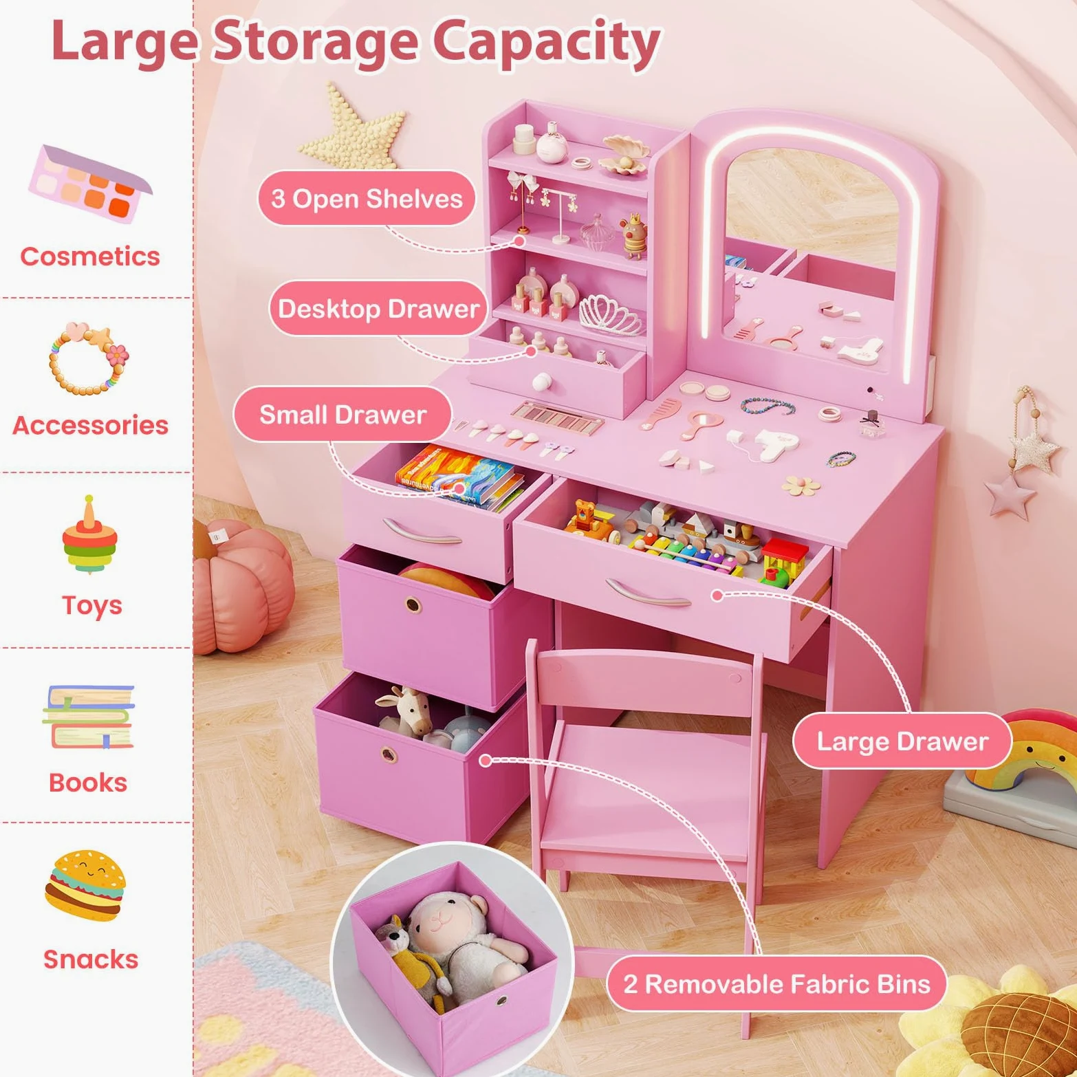LIFEZEAL Specchiera Trucco Bambina, Specchio con Luci a 2 Colori, Toeletta Trucco Bambina, con Sedia, Postazione, con Cassetti e Scaffali, Tavolo per Bimbi 3 Anni + (rosa)