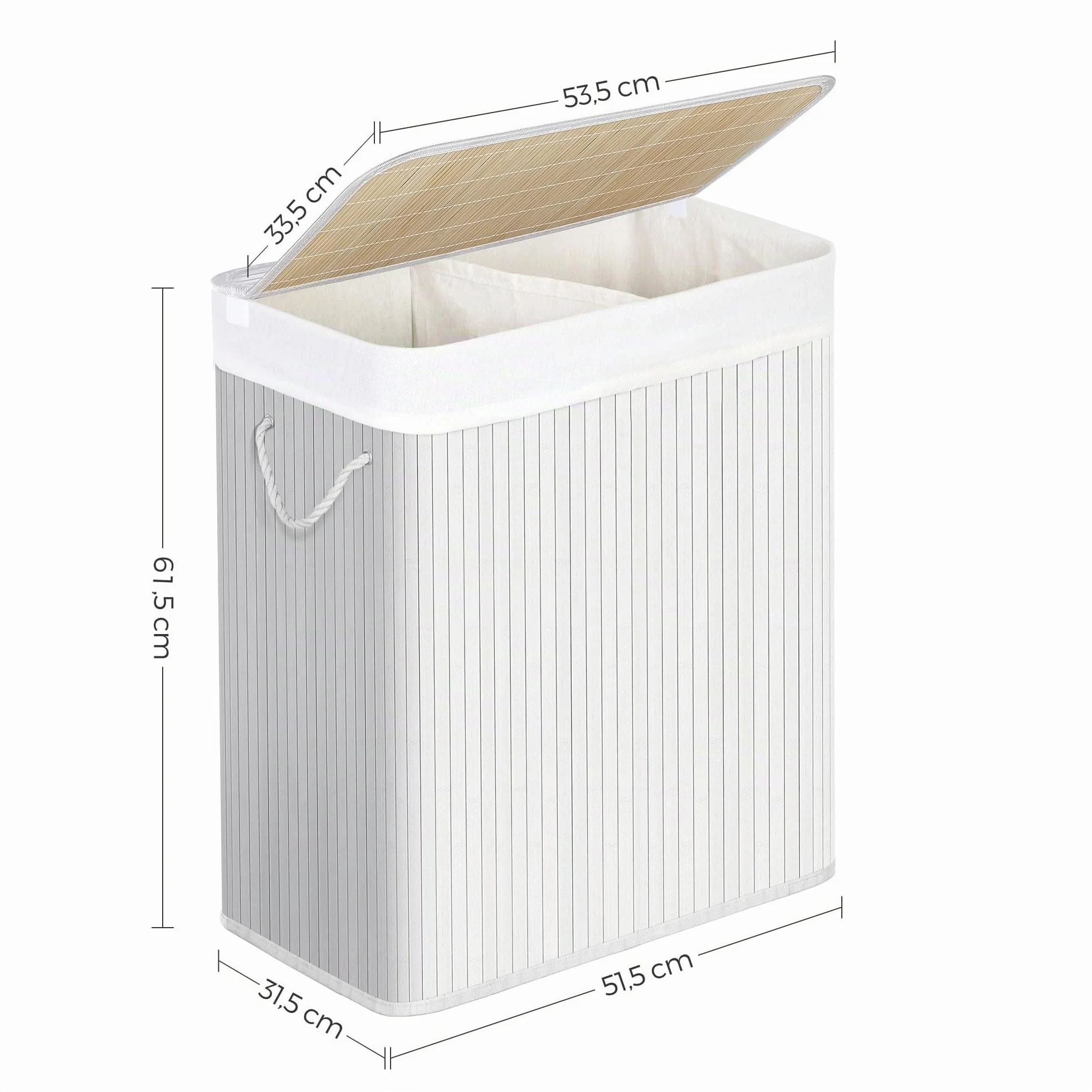 SONGMICS Cesto Portabiancheria, 100 L, Cesta Biancheria a 2 Scomparti in Bambù, Coperchio, Maniglie, Pieghevole, Sacco Rimovibile e Lavabile in Lavatrice, Lavanderia, Casa, Bagno, Bianco LCB64WT