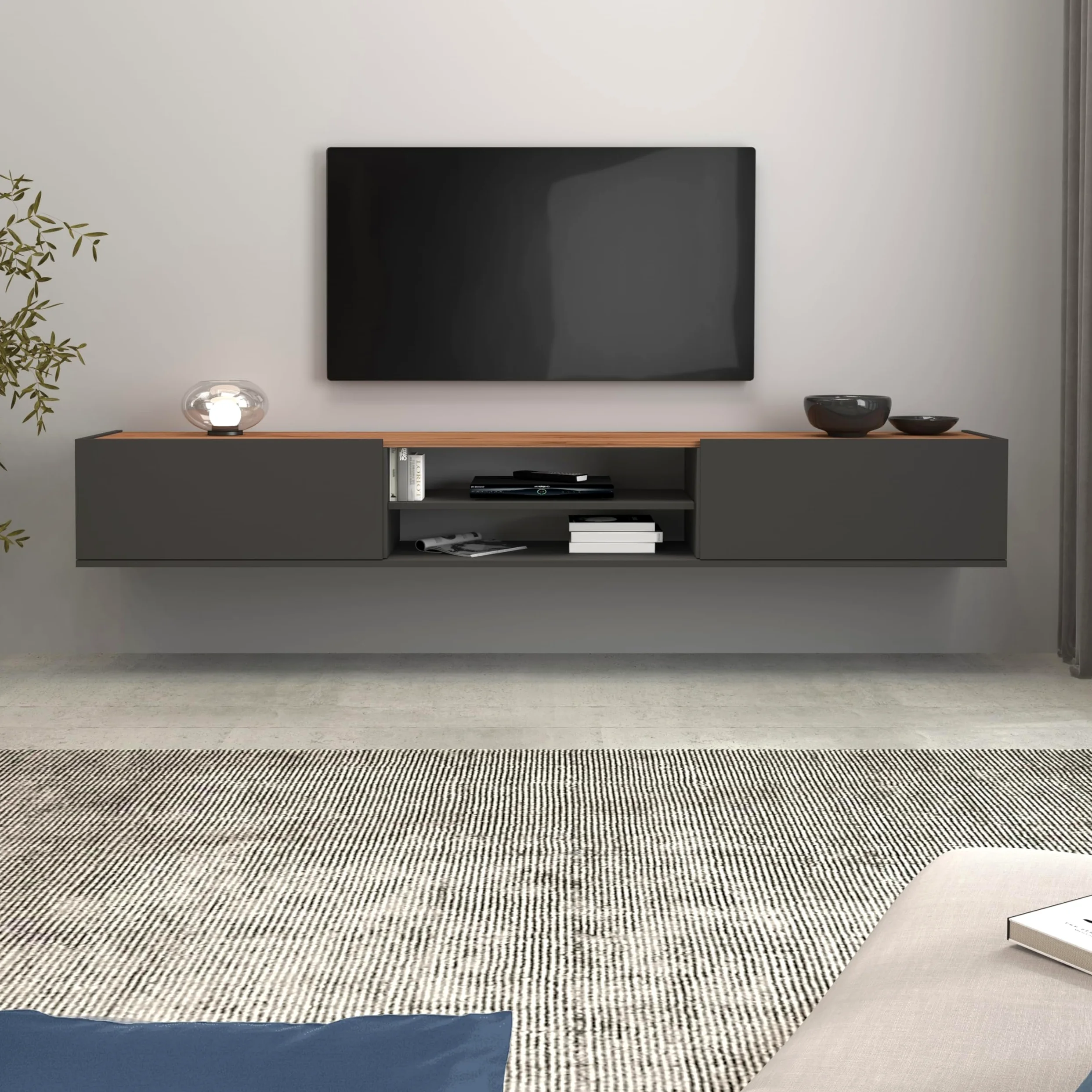 WHOUS Mobile Porta TV Sospeso GARDA per Soggiorno con 2 Ante a Ribalta e 1 Ripiano Centrale, Mobile Tv a Parete per Salotto, 210x35x30 cm, Antracite Opaco e Rovere