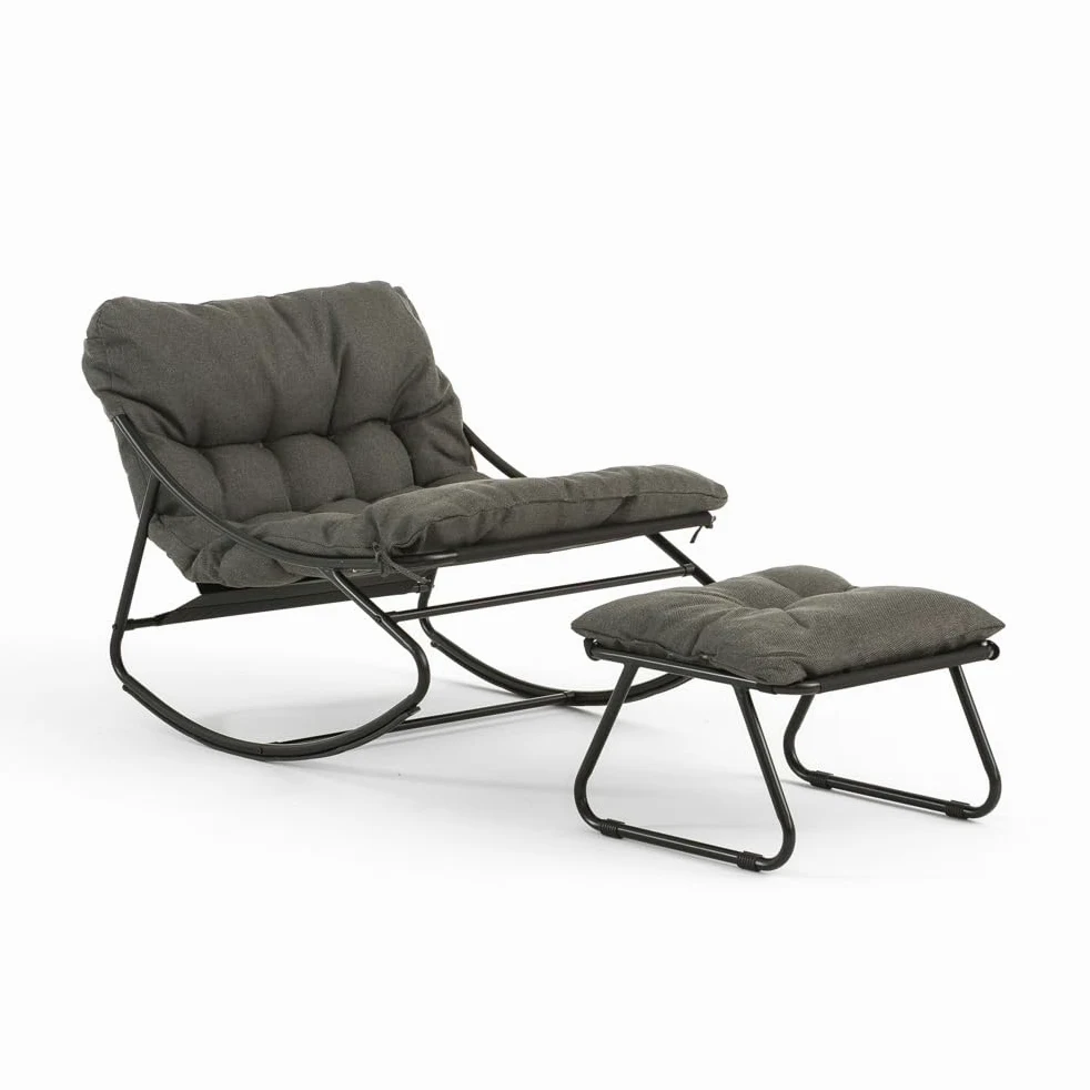 SIEDITI FUORI E DENTRO Poltrona a dondolo con poggiapiedi e cuscini imbottiti, sedia a dondolo da lettura e relax per veranda, terrazza - Adelaide (Grigio scuro)
