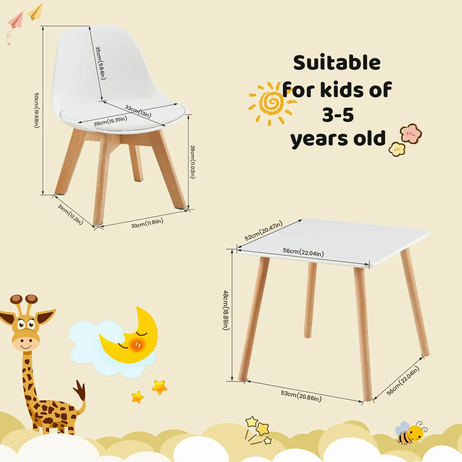 EGGREE Set di 2 Sedie per Bambini con Gambe in Legno, Sedia Piccola in PP+PU con Schienale per Cameretta per Bambini, Sedia da scrivania per Bambini,bianco