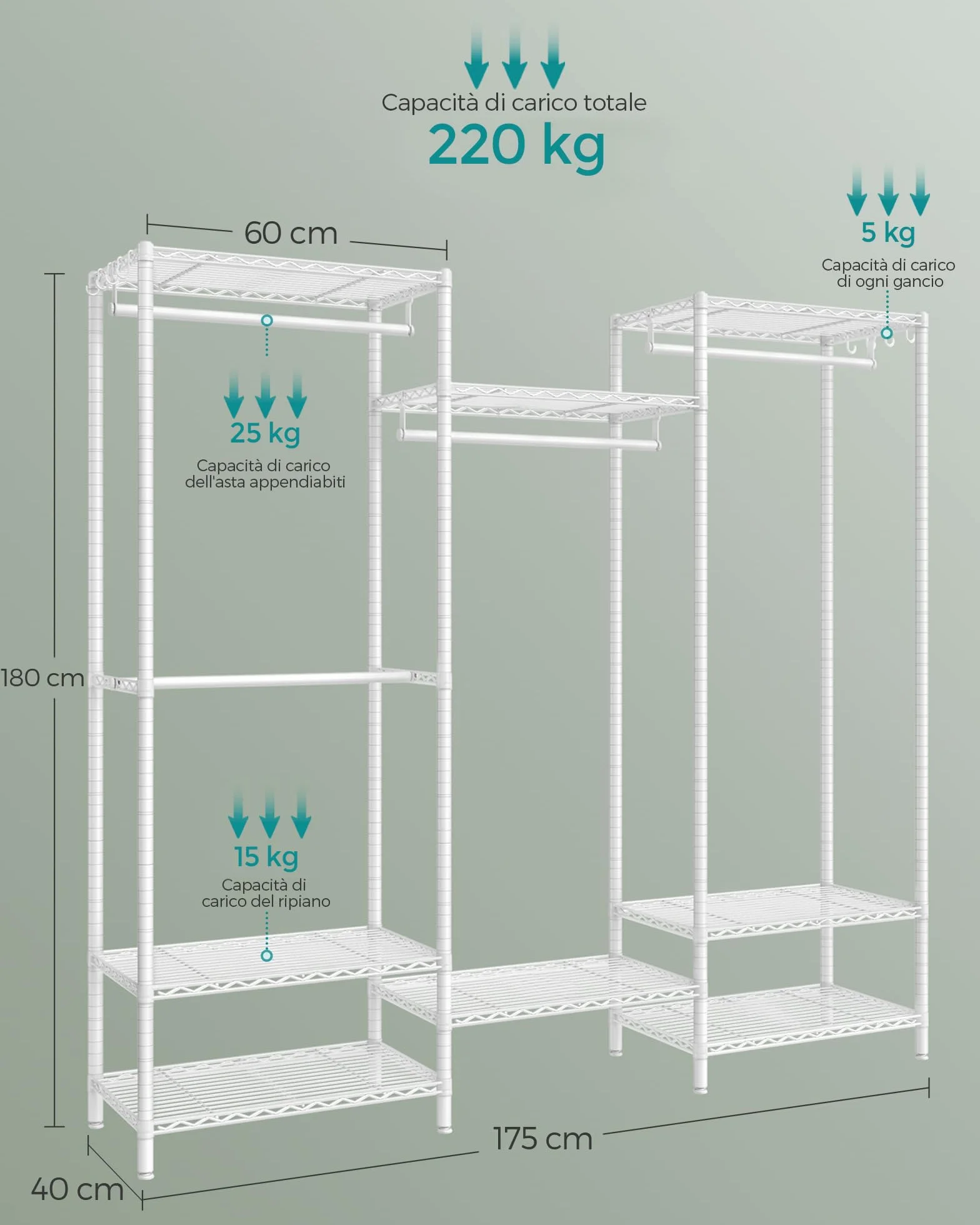 SONGMICS Armadio Guardaroba in Metallo con Ripiani Regolabili e Barre Appendiabiti Bianco Nuvola LGR431W01
