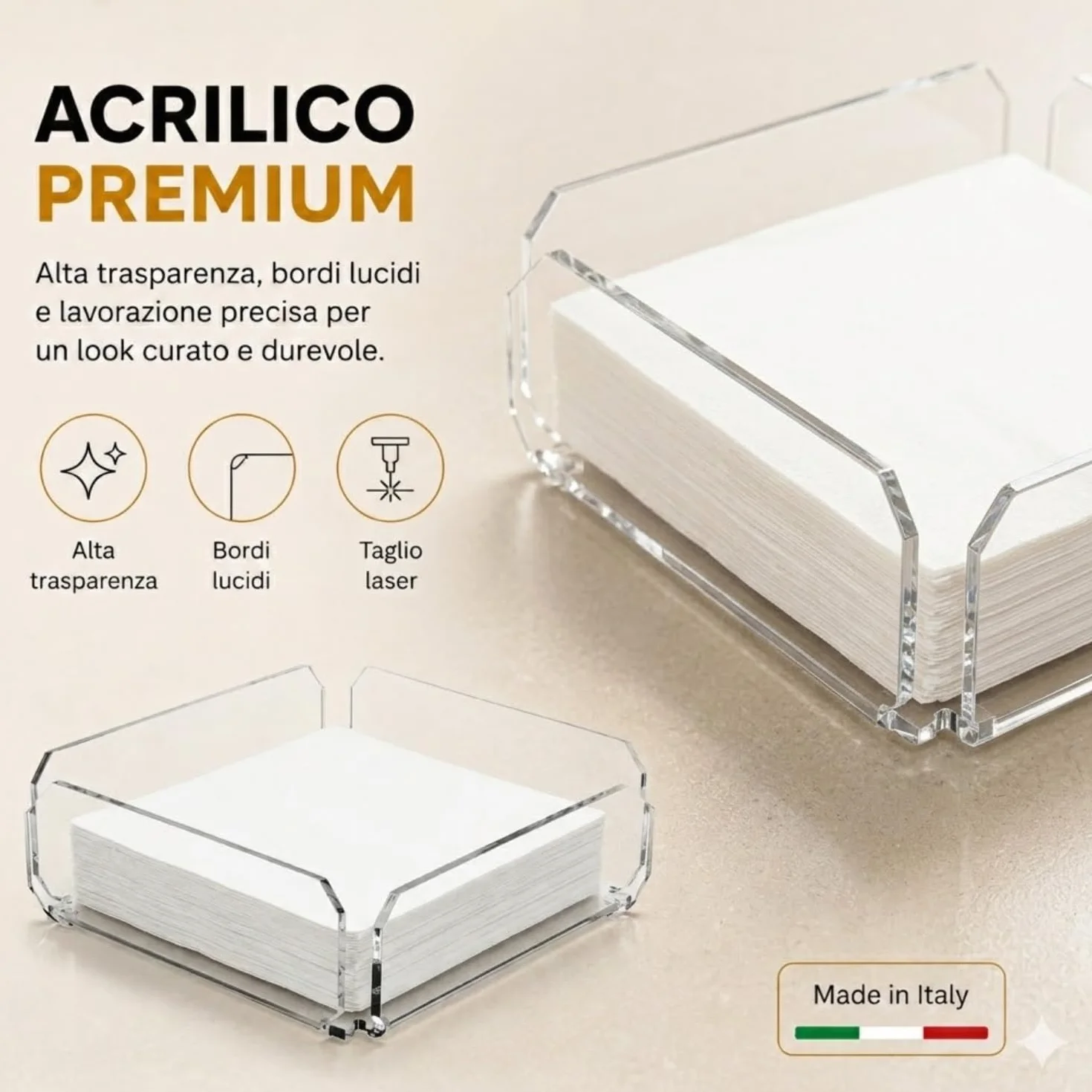 Agplex Portatovaglioli in vetro acrilico trasparente 20,5x 20,5 x5,8 cm, Porta tovaglioli da tavola design moderno - Made in Italy