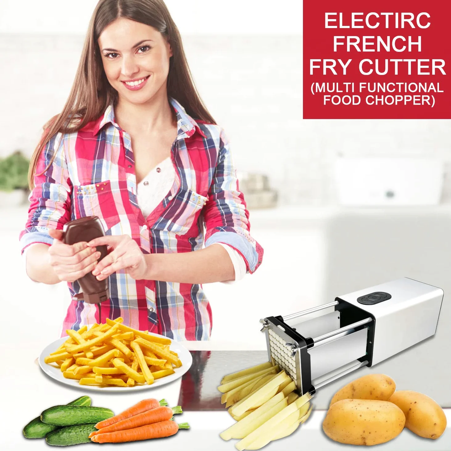 elettrica taglia patate, Taglia patate a bastoncino, Affetta patate in acciaio inox con, Con 1/2 e 3/8 pollici lame, Affetta patate, Perfetto per patate e carote, cetrioli, cipolle, mele