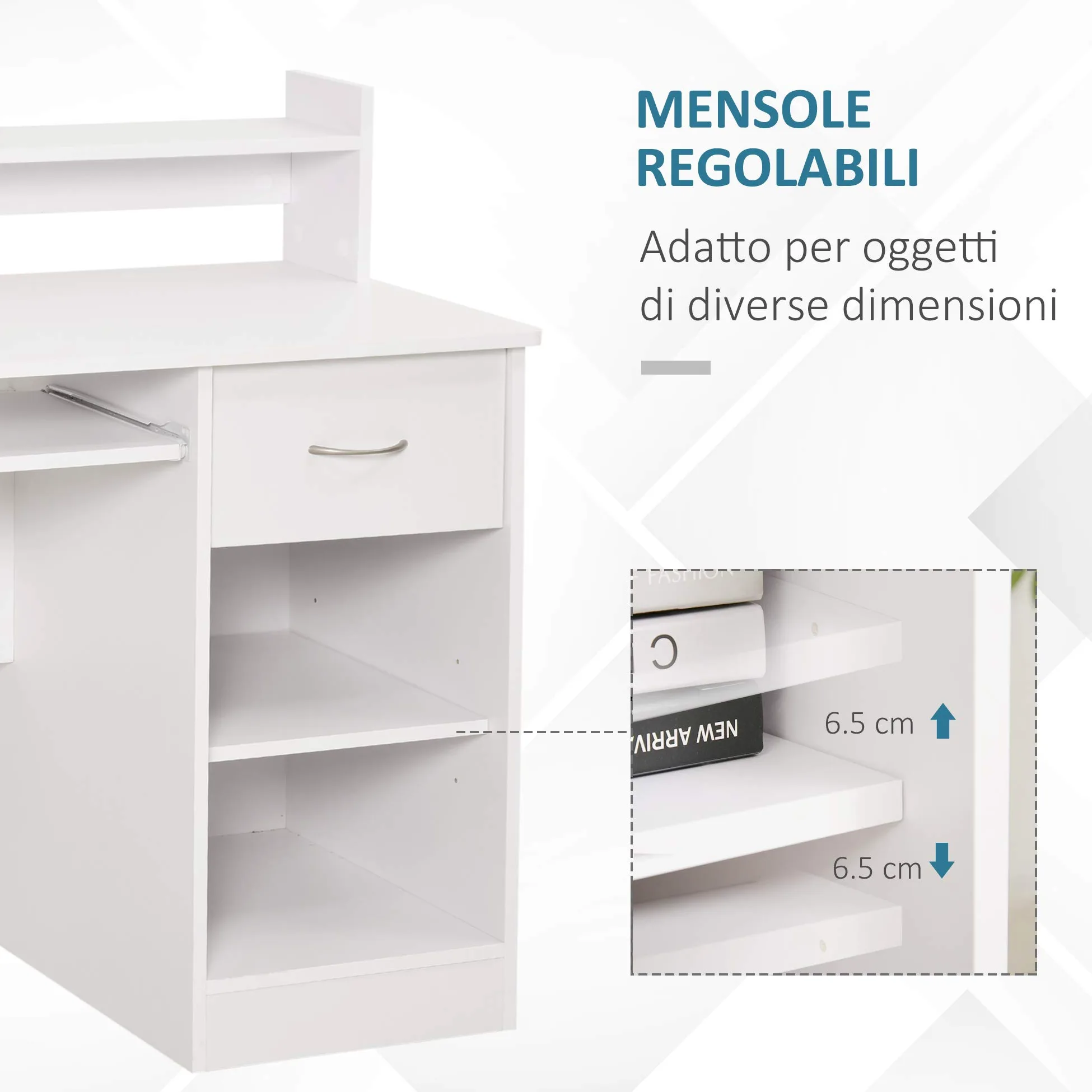 HOMCOM Scrivania per Computer Compatta, Scrivania PC Fisso in Legno Bianco con Ripiano Tastiera Estraibile e Mensole 104x48x95.5cm