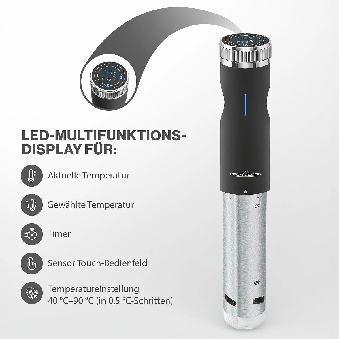 Profi Cook della SV 1126 Sous Vide Stick, Acciaio Inox, 800 W, 8 Litri, Display LED, Timer