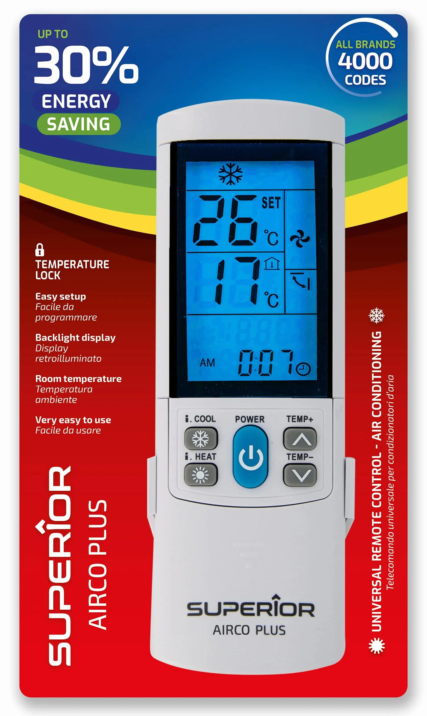 Superior AirCo PLUS - Telecomando Universale per Climatizzatori - 4000 codici - Ampio Display Retroilluminato - Timer Notturno - Funzione Temperature Block - SUPCU001