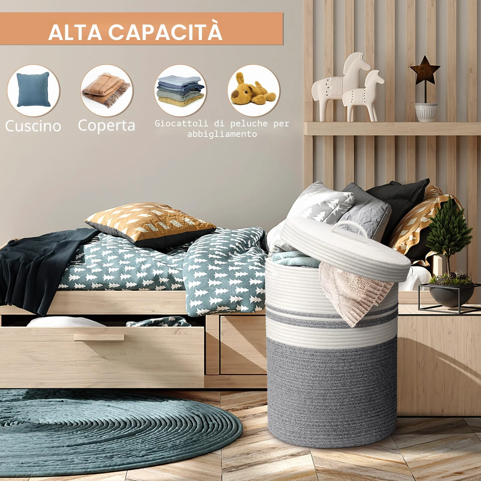 Cesto Portabiancheria con Coperchio Cesta in Corda di Cotone, Ideale per Bucato e Giochi Bambini, Cestone Portabiancheria e Cestino Biancheria Ceste Portaoggetti Bianco XXL(Grigio,37x52cm)