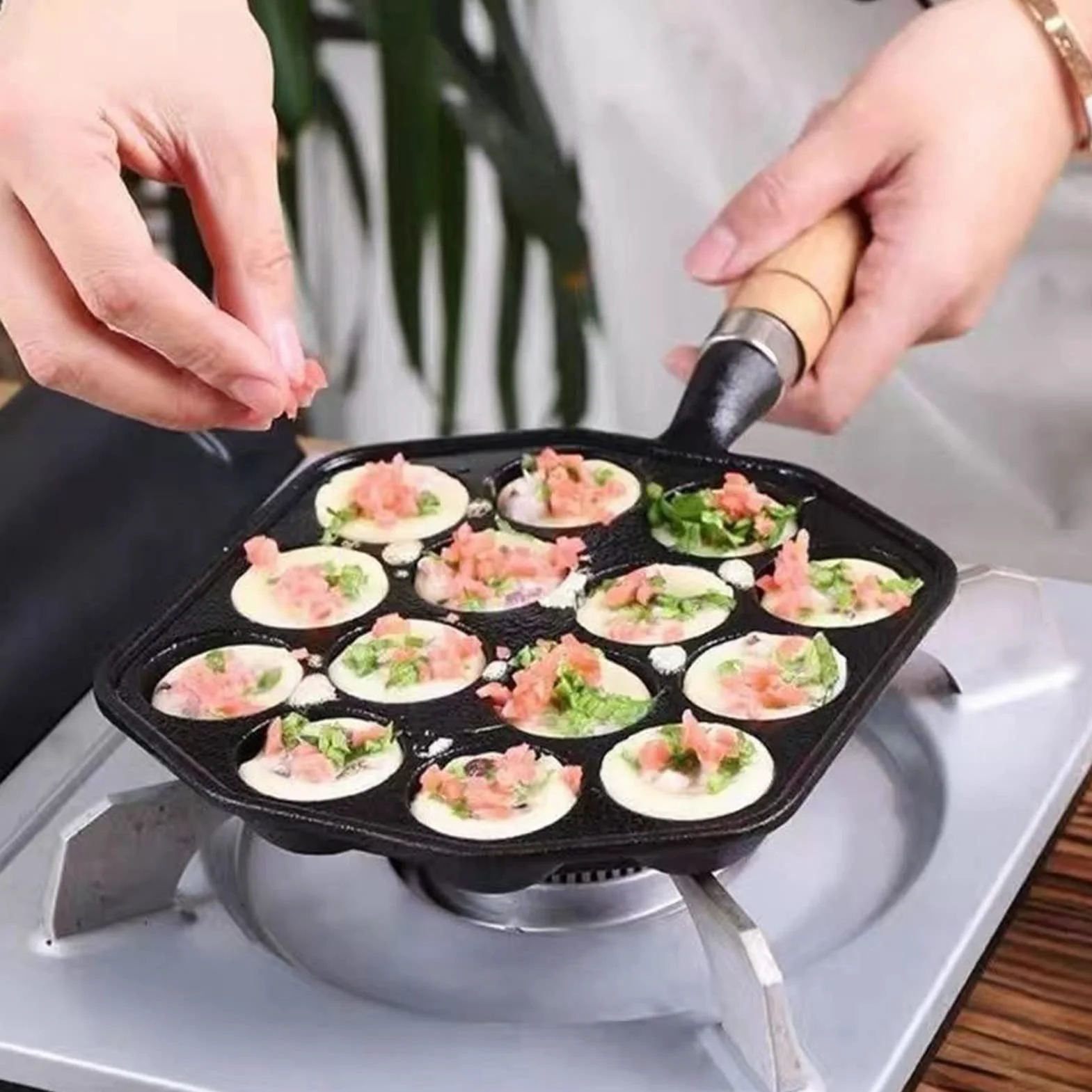 Antiaderente Ghisa Takoyaki Pan 14 Fori con Manico Staccabile