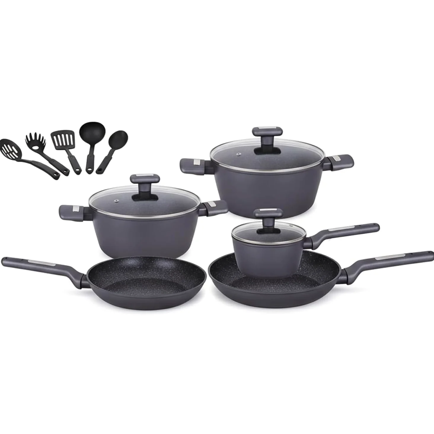 Wintem – Batteria Pentole e Padelle 13 Pezzi Antiaderenti per Cucina Moderna e Tradizionale Compatibile con Piano a Induzione, Rivestimento in Alluminio, Coperchi in Vetro e Manici Ergonomici
