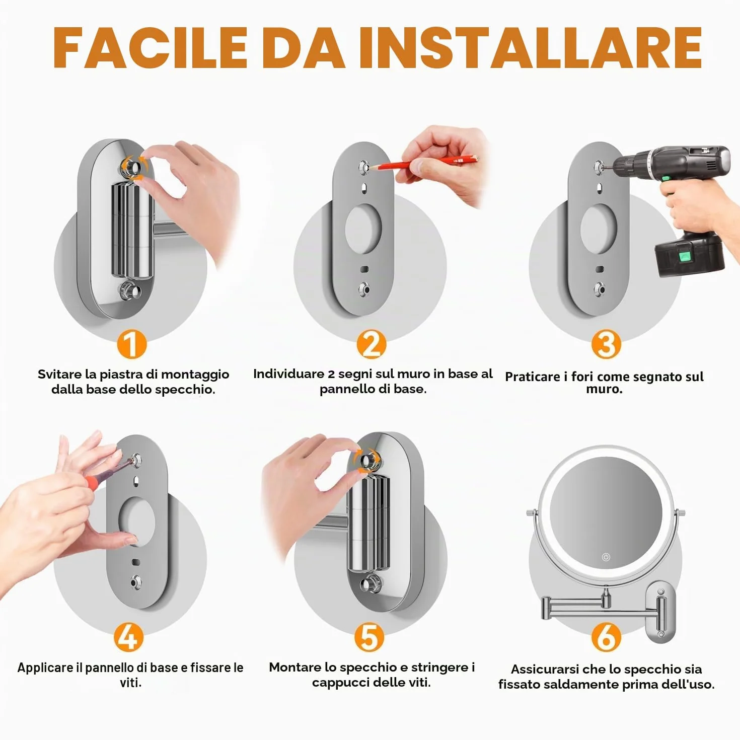 Auxmir Specchio Trucco con Ingrandimento 30X/1X, Specchio da Parete a 54 LED 3 Colori di Luce, Specchio Estensibile, Rotazione a 360°, Alimentato da Batterie Ricaricabile 3200mAh, per Bagno Hotel Spa