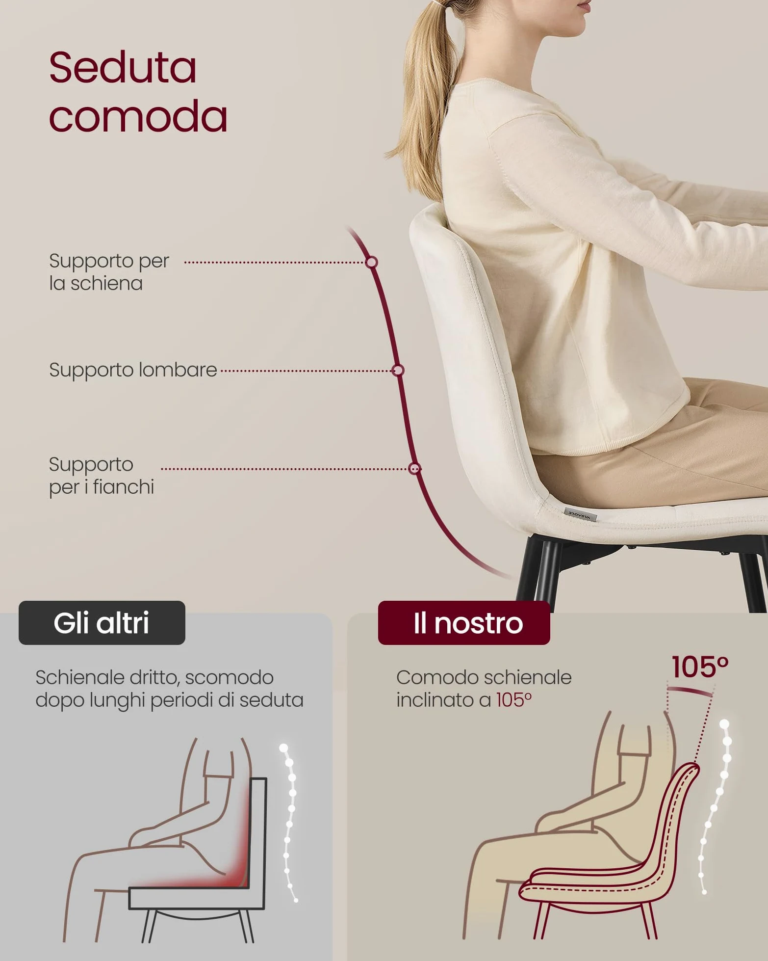 VASAGLE Sedie da Pranzo in Velluto, Portata 120 kg Ciascuna, Sedie da Cucina Imbottite con Piedini Regolabili, Moderno, per Soggiorno, Set di 4, Beige Cappuccino KDC080LH01