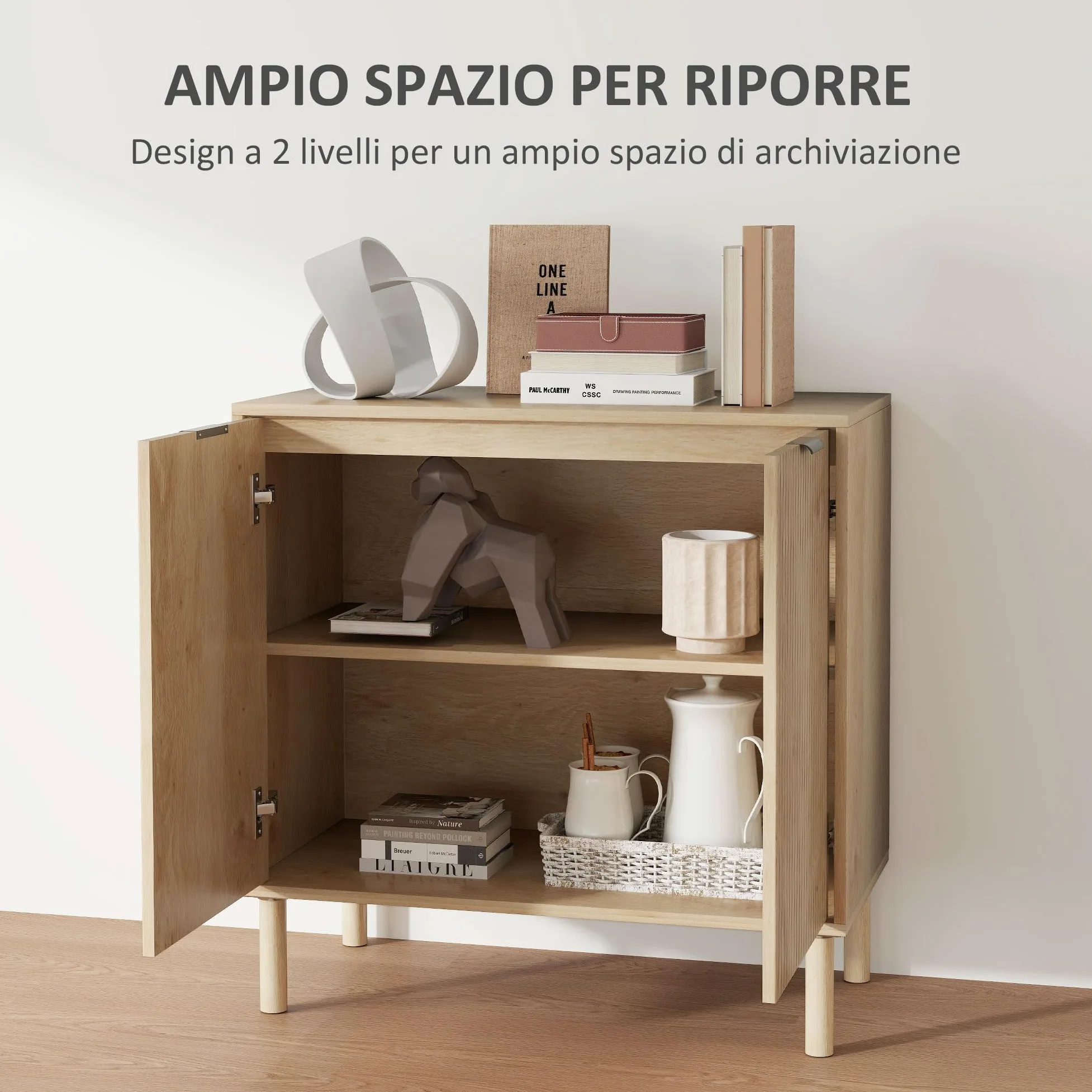 HOMCOM Mobiletto Multiuso a 2 Livelli con Ripiano Regolabile su 3 Livelli, Mobile Contenitore con Gambe in Legno di Pino, per Soggiorno e Camera da Letto, 78x40x77.5 cm, Color Rovere