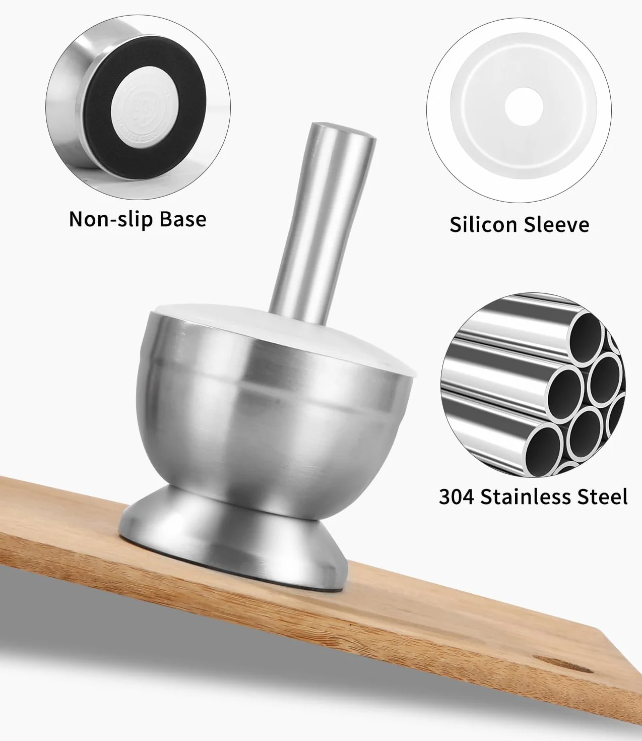 Set di Mortaio e Pestello 304 con Pennello, Cucchiaio e Coperchio in Silicone, Macinaspezie