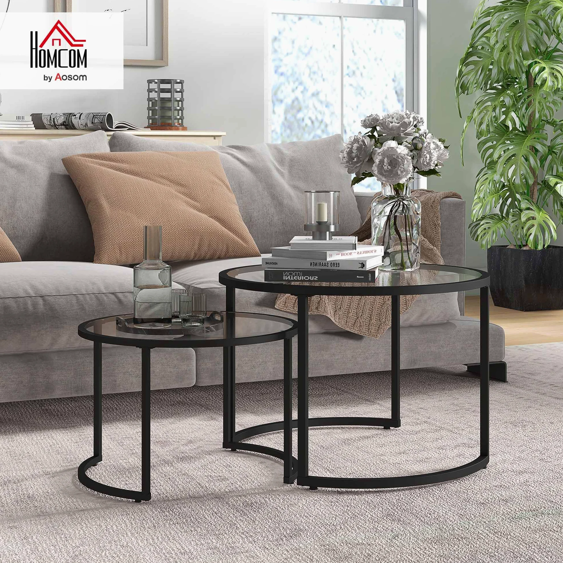 HOMCOM Set di 2 Tavolini da Caffè Impilabili Ø70x47.5cm e Ø54x42.5cm Nero | Sovrapponibili, Tavolini Bassi Rotondi da Salotto, Vetro Temperato e Acciaio, per Soggiorno Camera e Ufficio