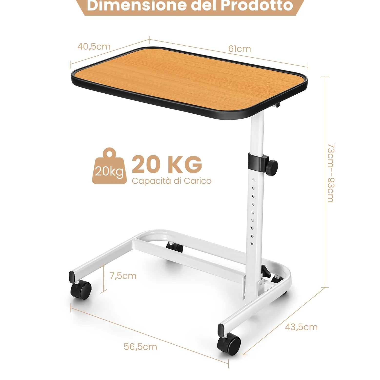 COSTWAY Tavolino da Letto e Divano con Ruote Bloccabili, Tavolino Porta PC con Altezza Regolabile in 9 Posizioni e Piano Inclinabile, Tavolino Servitore Letto per Mangiare e Lavorare (Legno)