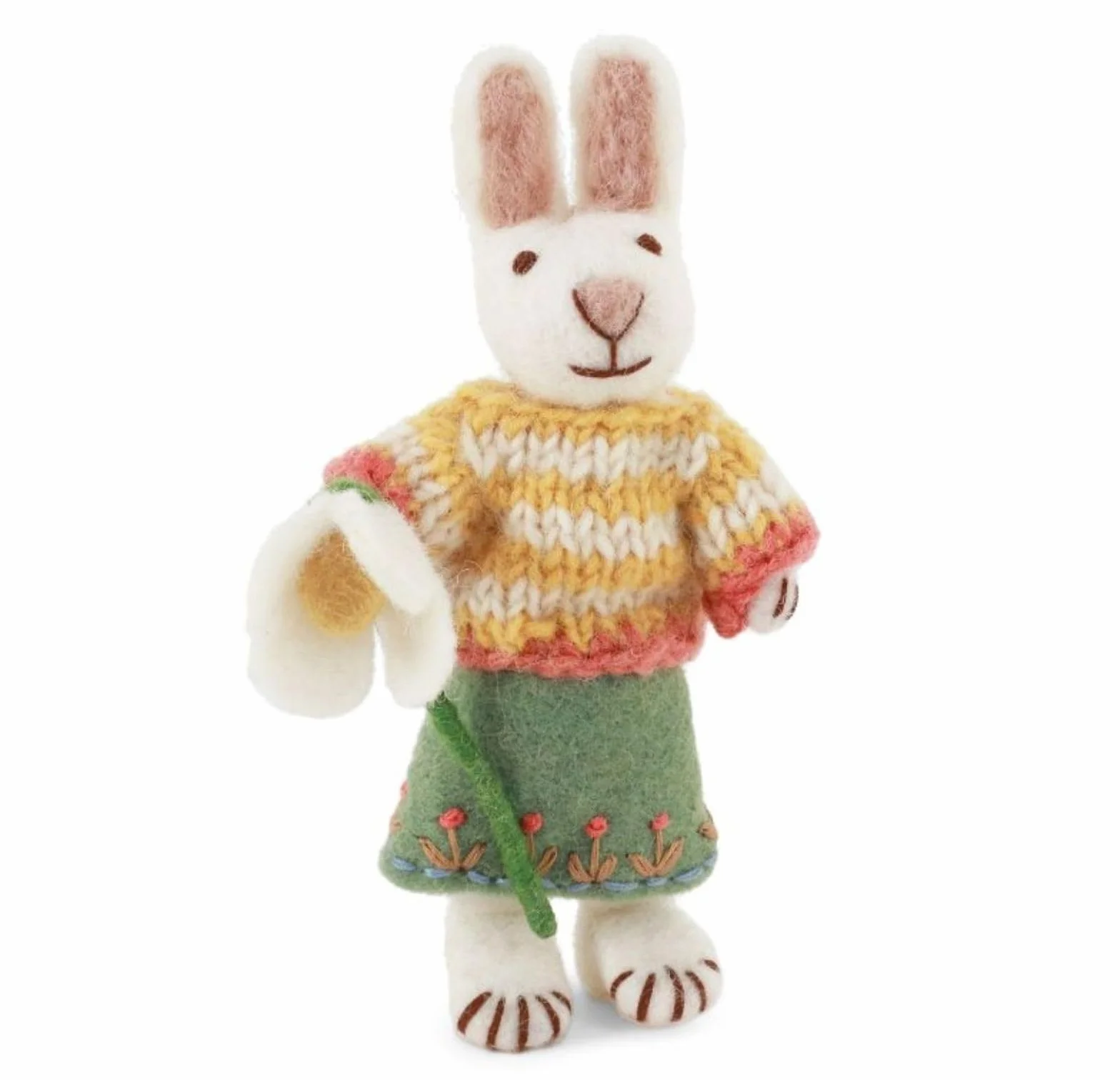 Gry & Sif Fatto a mano e certificato Fairtrade, elegante design danese x artigiani nepalesi | Piccolo coniglietto bianco – ragazza con gonna e bucaneve | decorazione pasquale