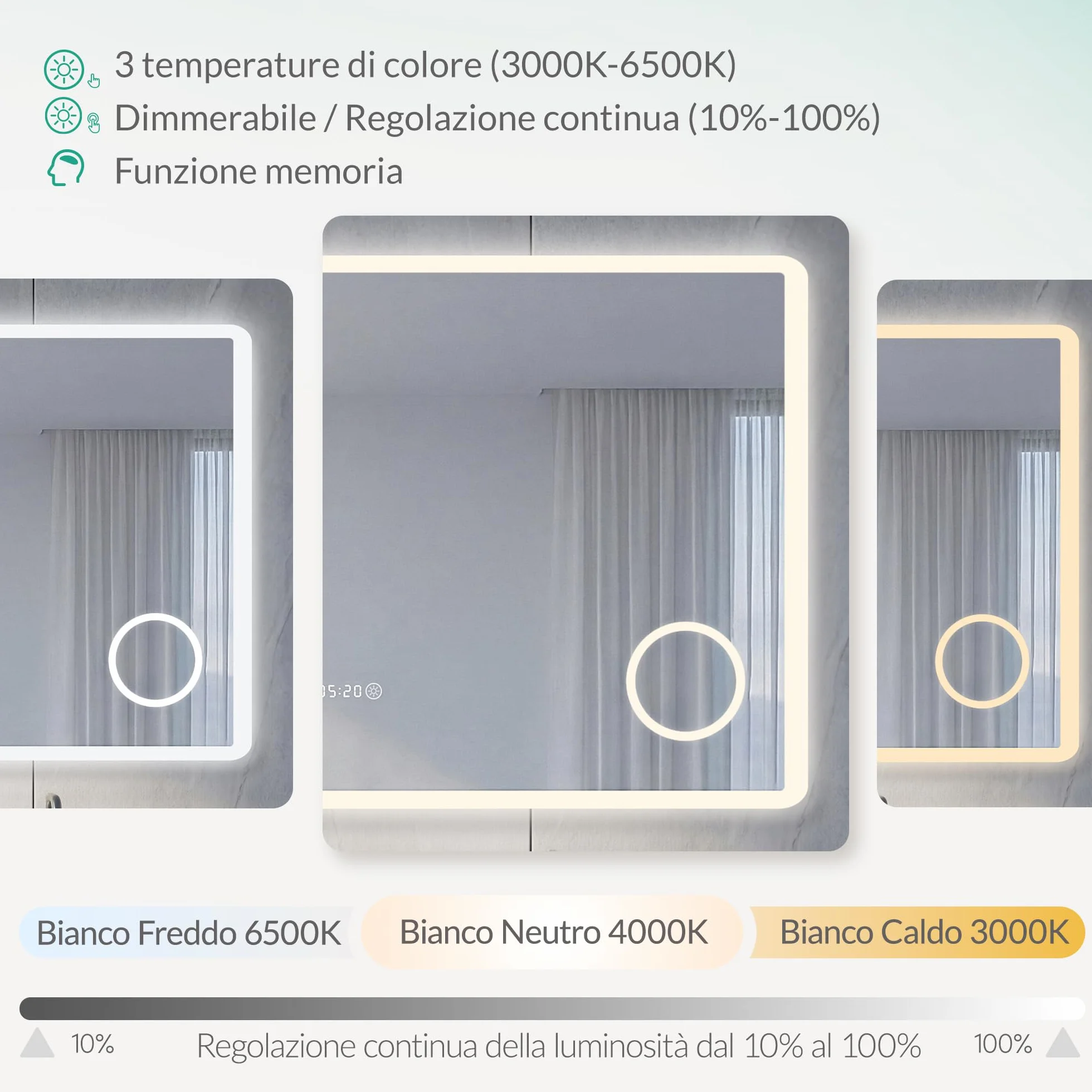 Specchio Bagno con Luce LED Antiappannamento 3 Temperature Colore 3000K-6500K Dimmerabile 10%-100% Lente Touch con Memoria HD Specchio bagno LED IP44 IP65 Impermeabile 80x60cm