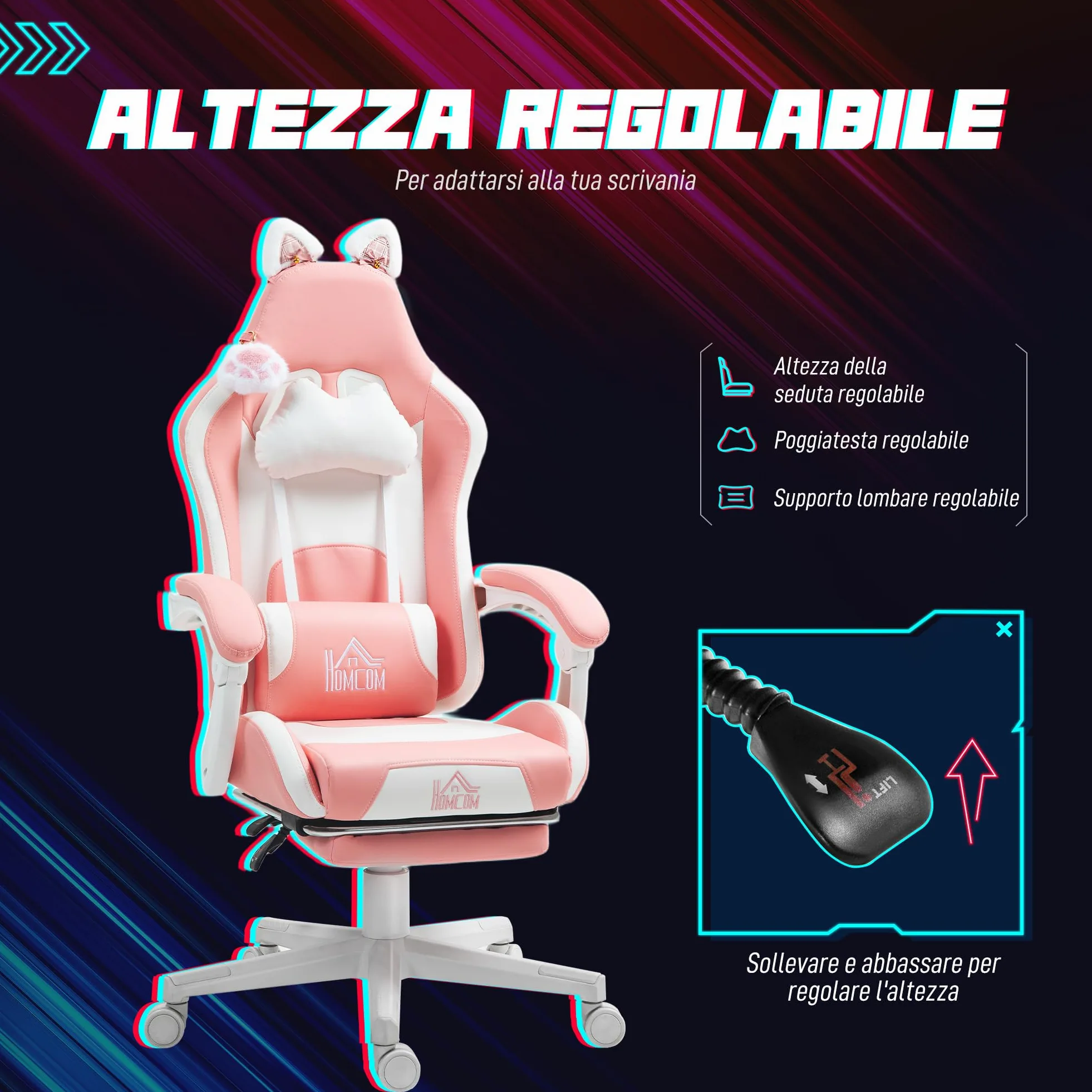 HOMCOM Sedia Gaming Ergonomica con Orecchie da Gatto, Poltrona Gaming Ufficio Reclinabile in Finta Pelle con Poggiapiedi, Poggiatesta e Altezza Regolabile, Supporto Lombare e Cervicale, Rosa
