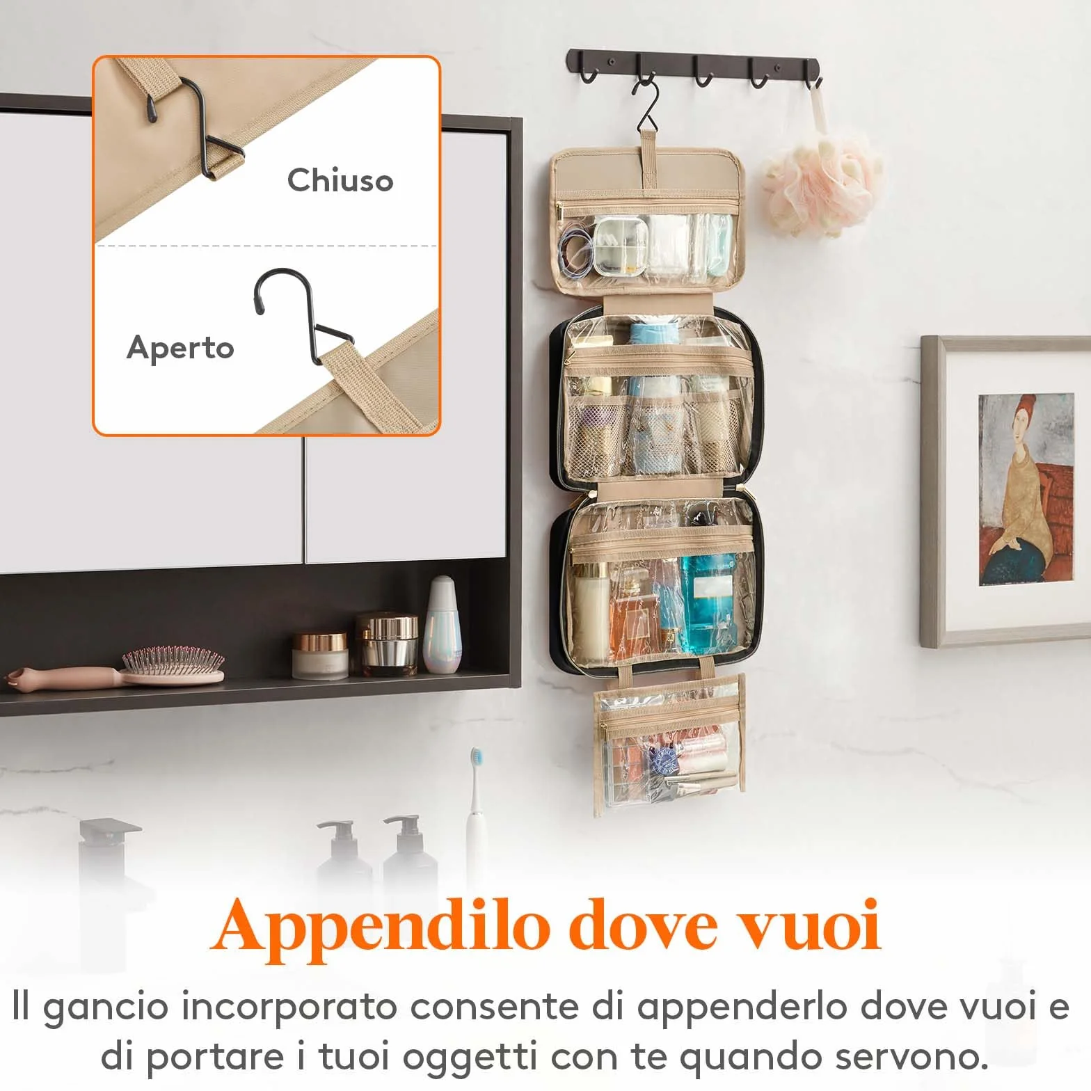 Lifewit Beauty Case da Viaggio Donna, Grande Trousse Trucchi Appendere, 4 Scomparti Trasparenti, Nero