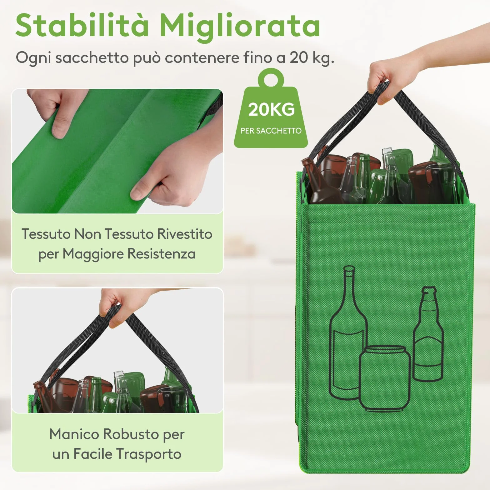 Lifewit Set di 3 Borse Raccolta Differenziata 45 L, Bidoni Differenziata Interno in 3 Colori, Raccolta Differenziata Esterno per Carta, Plastica, Vetro e Bottiglie