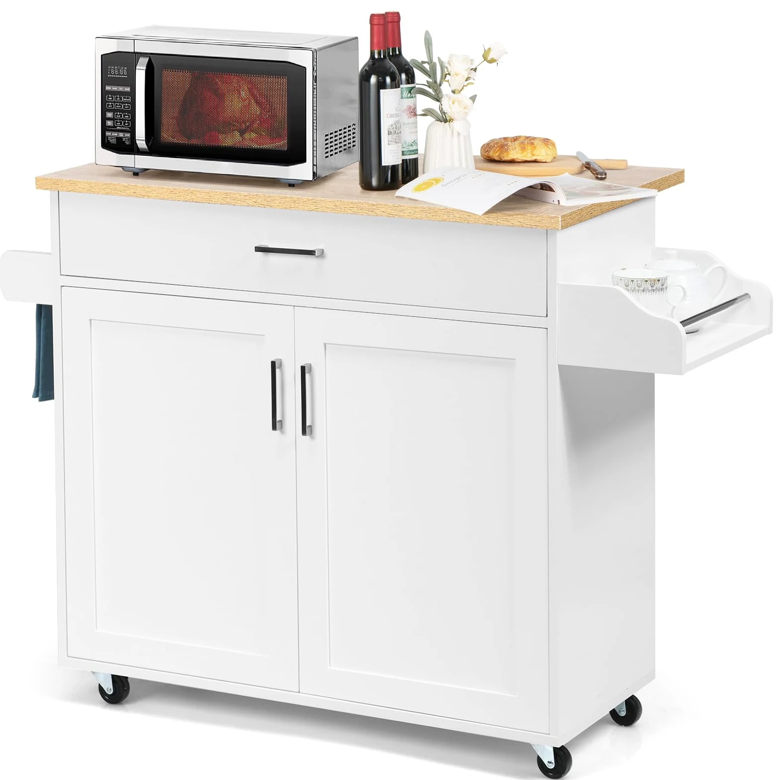 KOMFOTTEU Carrello da Cucina Ausiliario, Carrello di Servizio con Cassetto e Ripiano Regolabile, Isola da Cucina da Sala da Pranzo con Ruote Universali con Freni, in Legno, 116 x 40 x 85 cm, Bianco