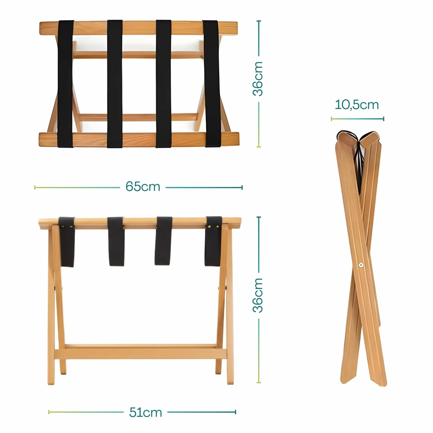 VIRSUS Porta Valigie Pieghevole in Legno Bamboo 65x36x36 cm con 5 Cinghie Cavalletto Sgabello Reggivaligia