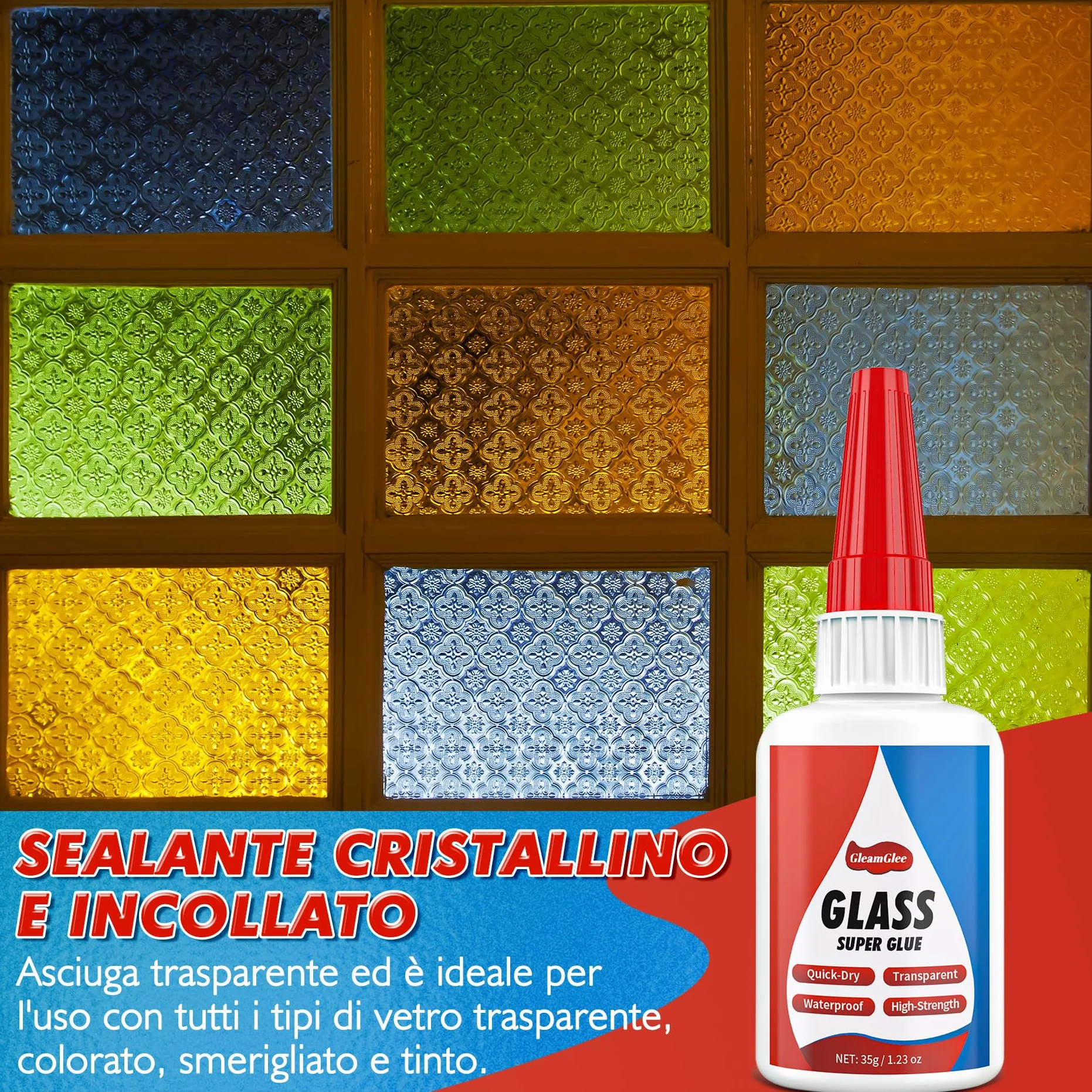 Colla per Vetro 35g Adesivo Istantaneo Trasparente Impermeabile per Acrilico Specchi Cristallo