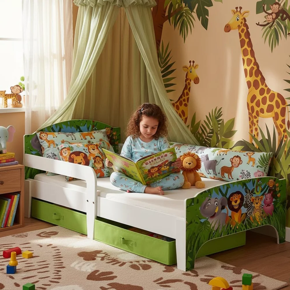 Leomark Letto per Bambini in Legno 140x70 cm SMART con Cassetto, Materasso e Telaio, Stampa Animali Selvaggi