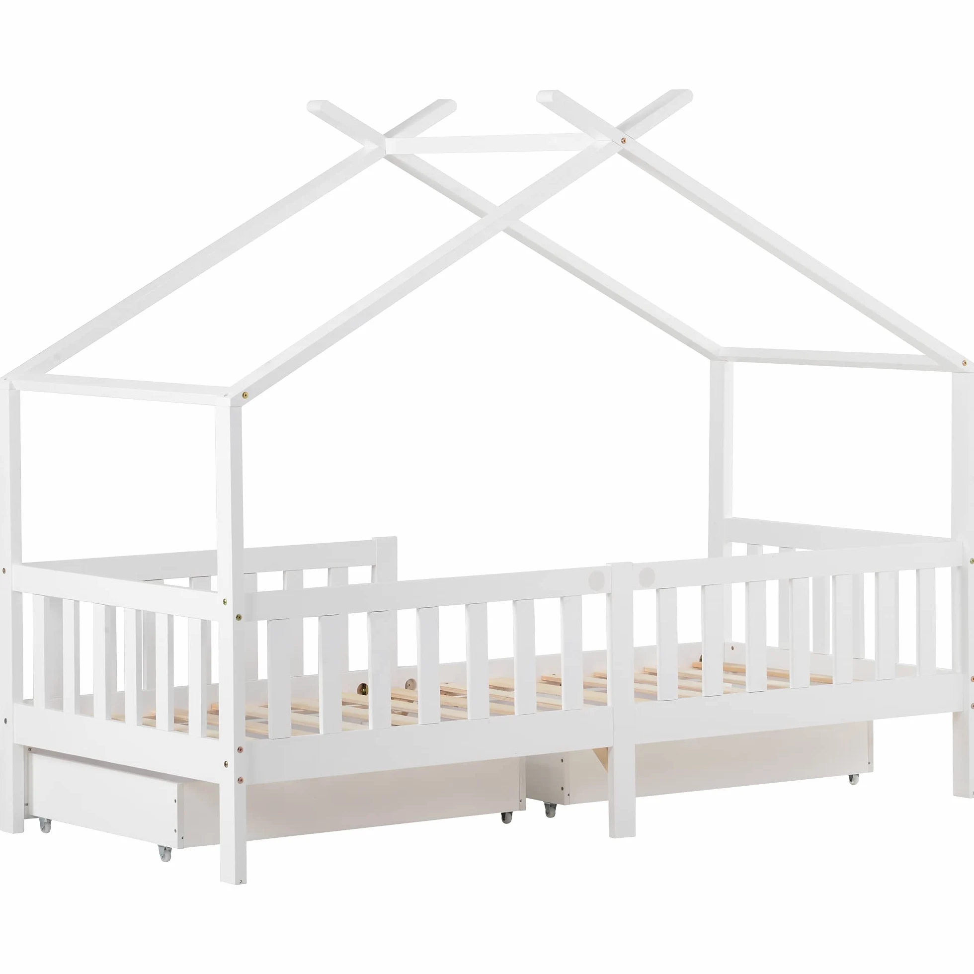 Letto Casetta per Bambini 90x200cm, Lettino Montessori con 2 Cassetti, Struttura in legno massello con Rete a Doghe, Cameretta Ragazzi, letto a Forma di Casa