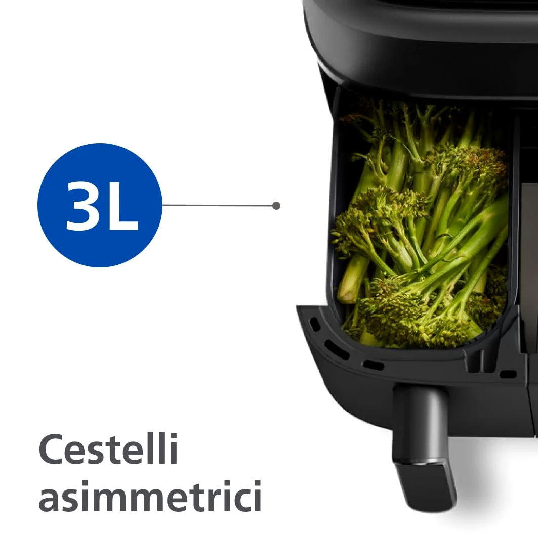 Philips Dual Basket Air Fryer - Cottura sana, veloce e versatile, Friggitrice ad aria con Doppio Cestello da 9L, Touchscreen, design a 2 cestelli con doppia resistenza e termostasti separati(NA350/00)