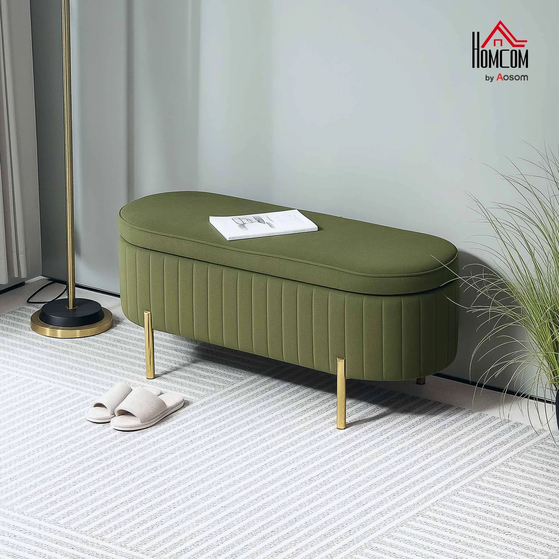 HOMCOM Panca Contenitore Ingresso Ovale 72L Design Scanalato con Coperchio Sollevabile, Seduta Imbottita, Panca Fondo Letto Pouf Cassapanca in Velluto e Struttura in Legno di Pino, 108x44x43.5cm,Verde