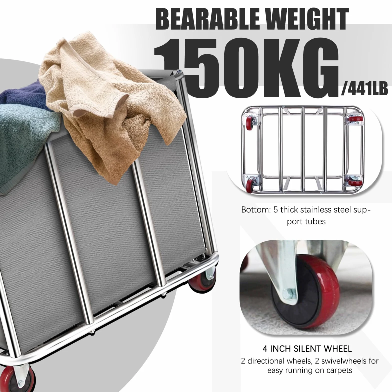 Carrello portabiancheria commerciale, grande 400 litri con tela impermeabile rimovibile, cesto portabiancheria in acciaio inossidabile resistente con ruote per hotel e ospedale, carico di 199,6 kg