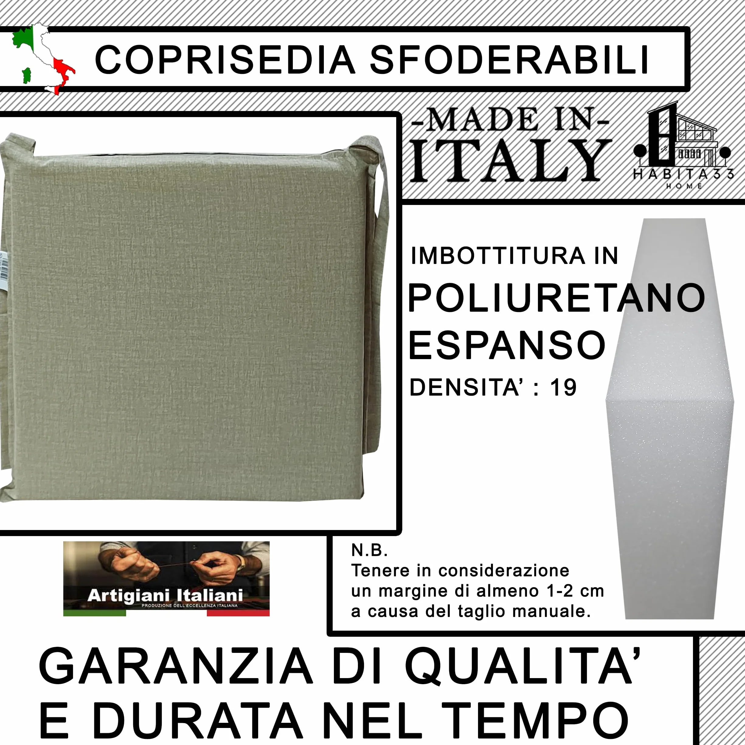 Cuscini Sedie Cucina Set da 6, 40x40 cm, Copri Sedia Sfoderabili double face in Tessuto Loneta Made in Italy (Sorrento Beige)