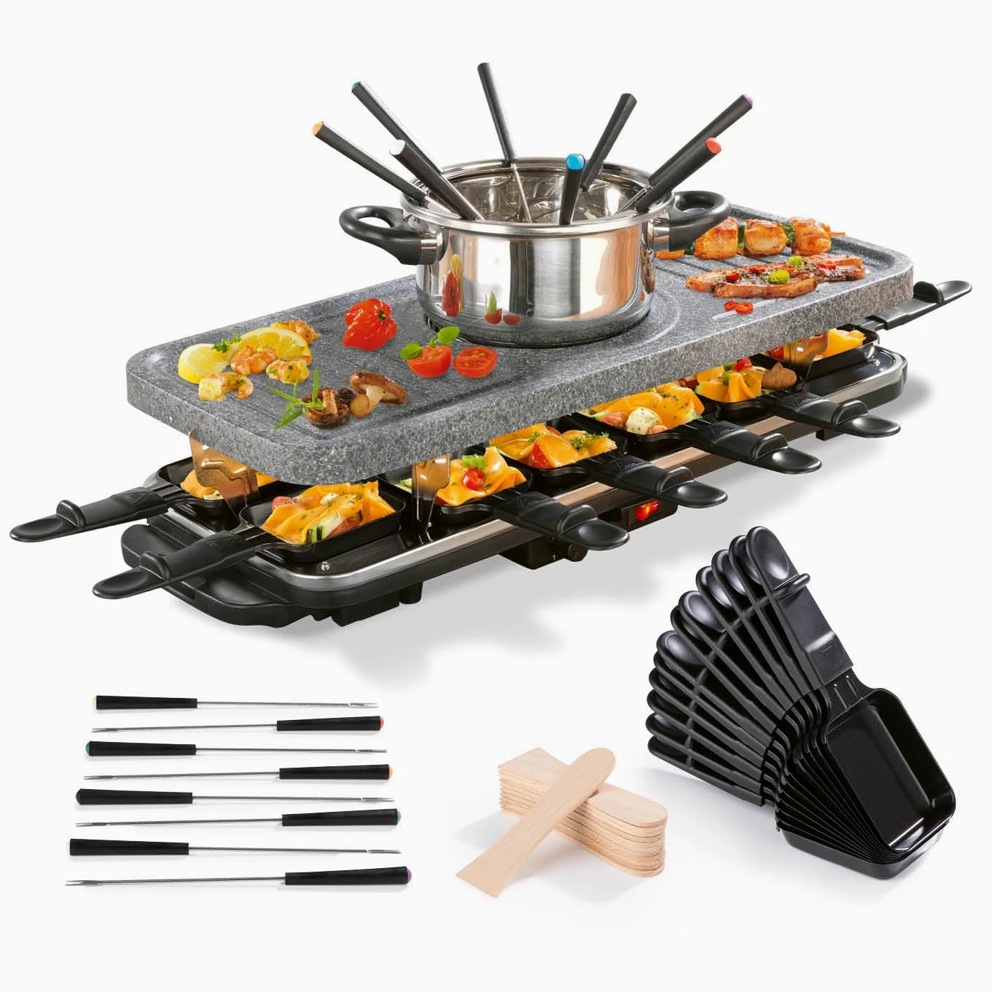 GOURMETmaxx raclette & fondue combi XXL per 12 persone | Griglia per raclette 4 in 1 con padelle, set per fonduta e pietra calda | Griglia elettrica da tavolo con piastra antiaderente [1600 watt].