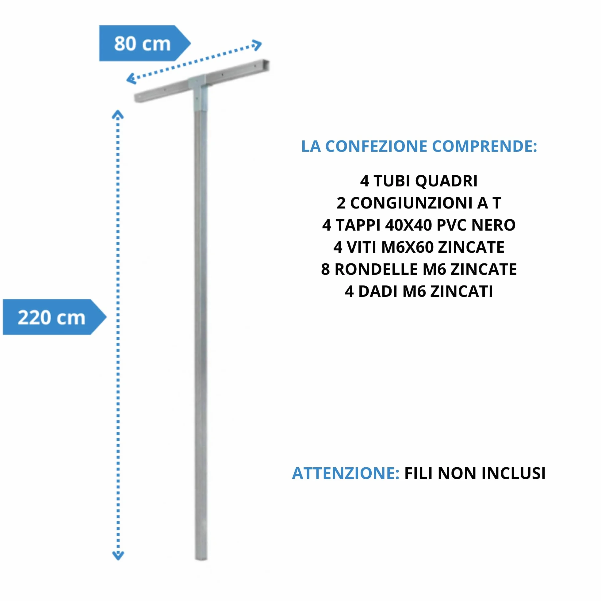 Andrys Stendi Biancheria Esterno Smontabile - Staffe per Stendere i Panni Esterno con Pali Quadri da Cementare - Acciaio Zincato a Freddo - Altezza 220cm - Fili NON Inclusi