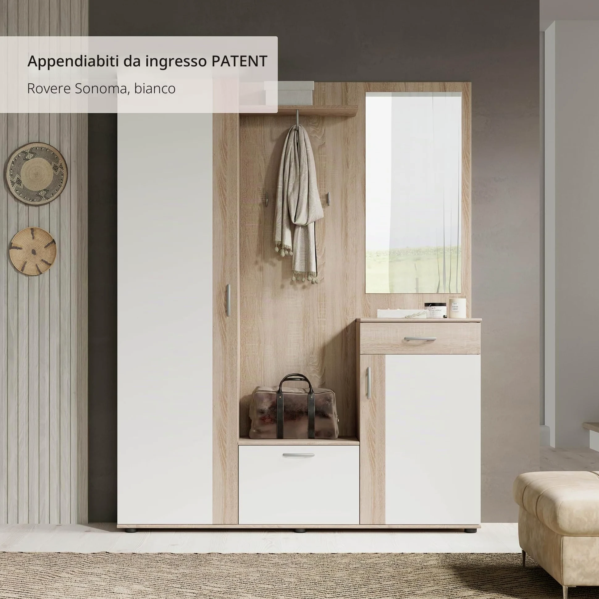 Stella Trading, PATENT Set mobili da ingresso in rovere sonoma, bianco, moderno con specchio, 145 x 184 x 29 cm