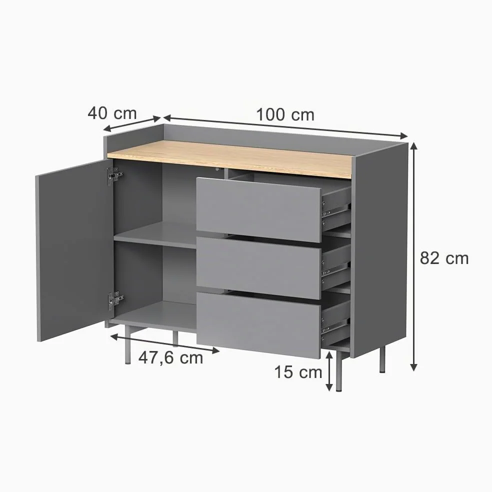 Vicco Cassettiera per camera da letto Velina, Grigio, 100 x 82 cm | con 3 cassetti e 1 anta, per riporre abiti e oggetti di uso quotidiano