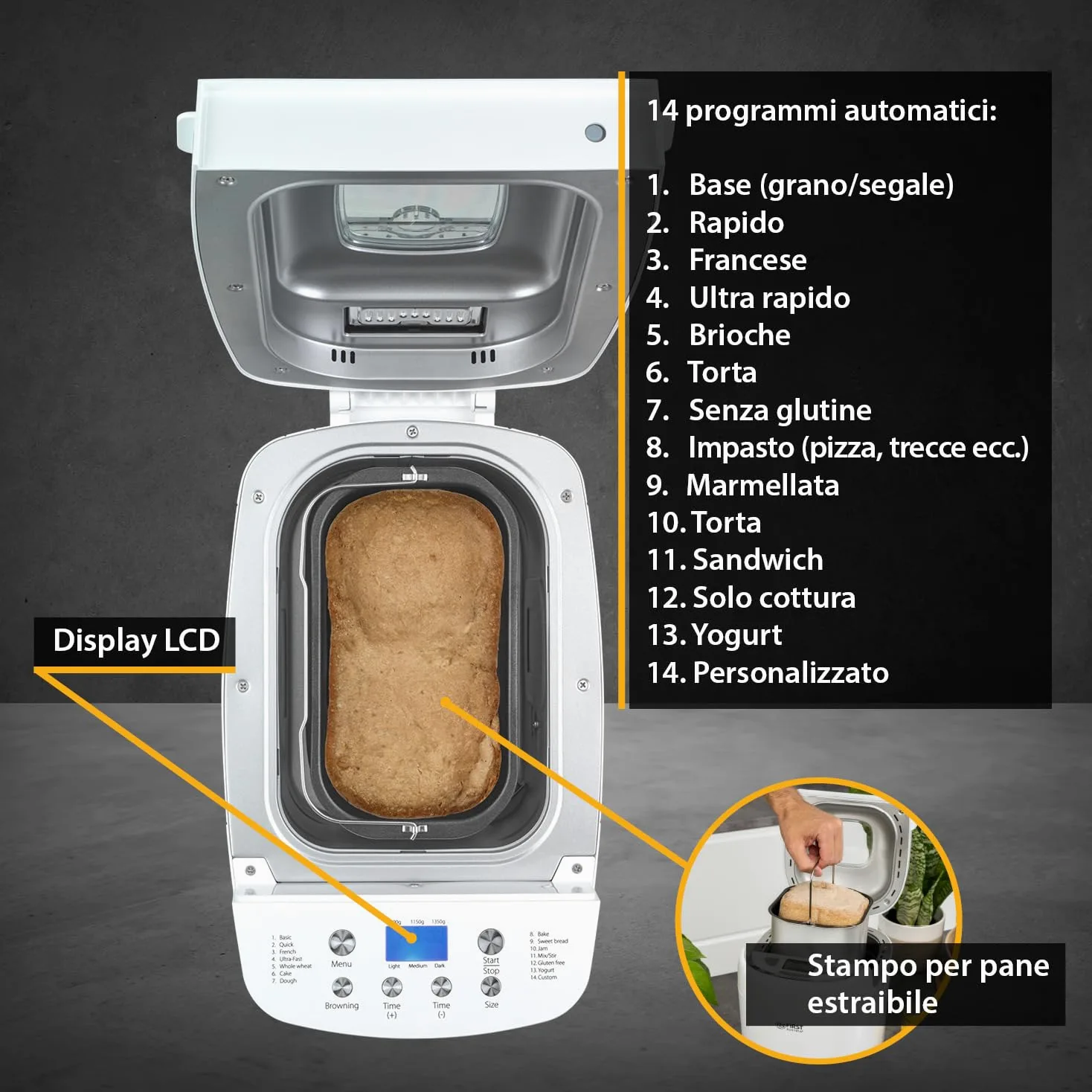 TZS First Austria - Macchina del Pane 850W - Per pane da 900g & 1350g - 14 Programmi automatici - Doratura regolabile, Timer & Funzione mantenimento calore