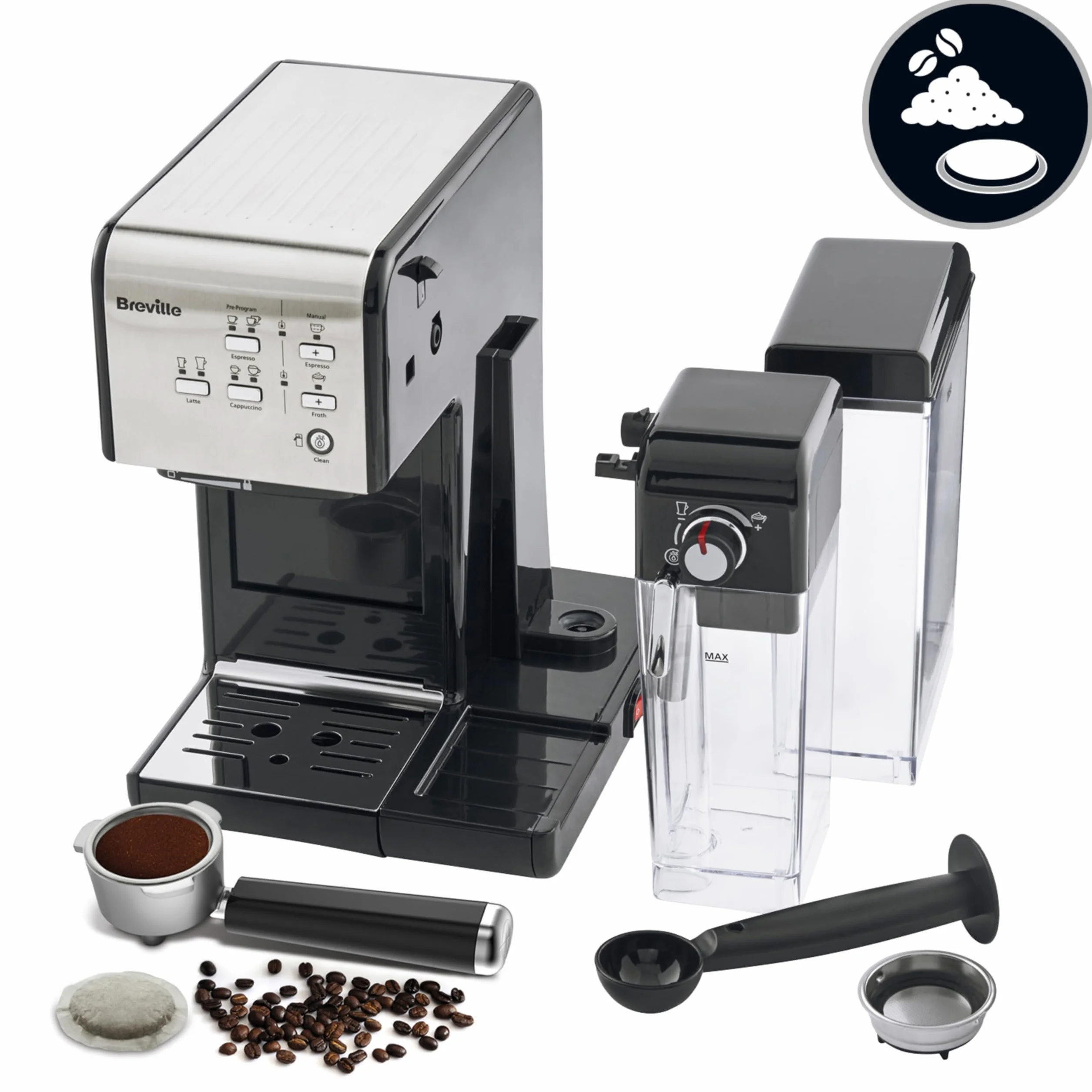 Breville Prima Latte II Espresso, Macchina per latte e cappuccino, Pompa professionale da 15 bar e montalatte, Argento VCF108X
