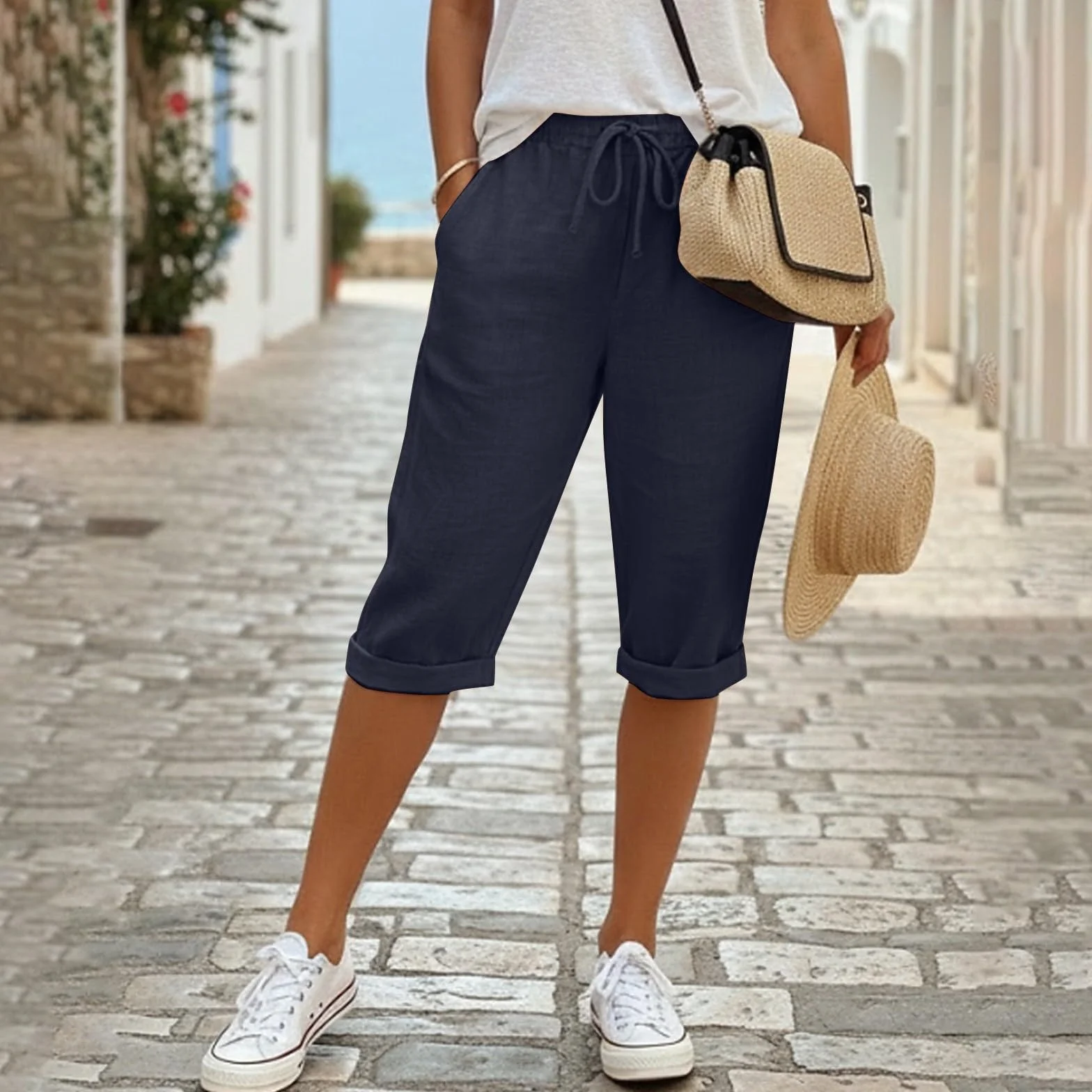 Pantaloni Lino Donna 3/4 Curvy Pantaloncini Donna Estivi In Cotone E Lino Leggeri Vita Alta Con Coulisse Ed Elastico Shorts Bermuda Larghi Eleganti Con Tasche Casual Per Spiaggia Sport E Tempo Libero