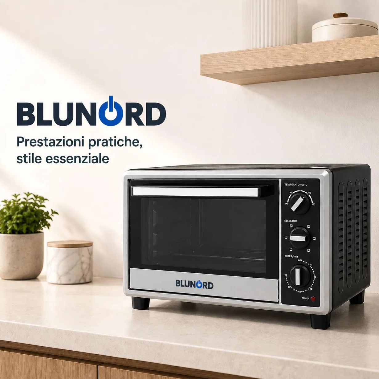 Blunord Bluf23prof Forno Elettrico Professionale 23L 1380W Ventilato Grill Timer Termostato Regolabile Easy Clean Nero Lucido