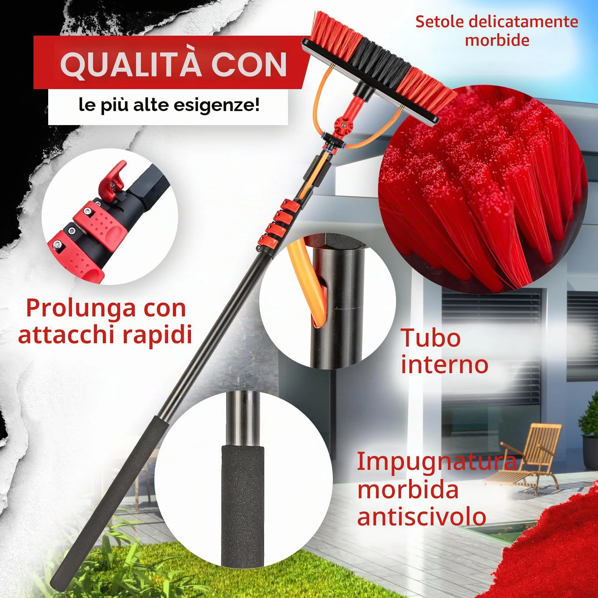 BoomDing Kit Pulizia Pannelli fotovoltaici | 4,6 Metri | Alluminio | Estensibile | per pulizia fotovoltaico | Scopa per lavare Tapparelle | Spazzola telescopica per lavaggio pannelli fotovoltaici