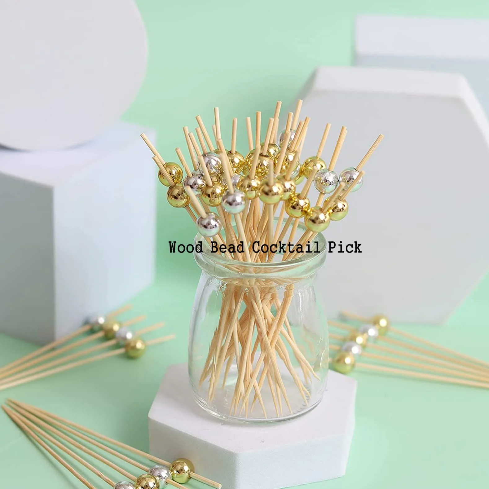 Bastoncino da Cocktail 200 Pack Stuzzicadenti Decorazione Frutta Cupcake Toppers Perle d'oro Argento