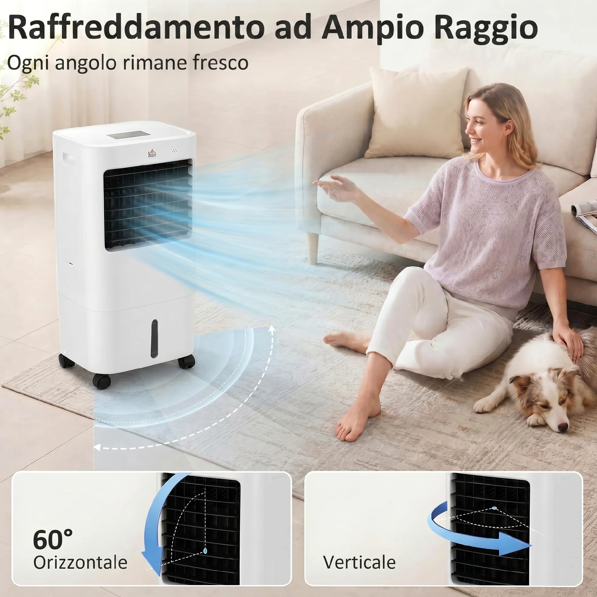 HOMCOM Condizionatore Portatile, Raffrescatore Evaporativo 3 in 1, Ventilatore con Ghiaccio e Deumidificatore, 3 Velocità, 9 Modalità e Telecomando, Raffrescatore da 65W in ABS, 32x37x74 cm, Bianco