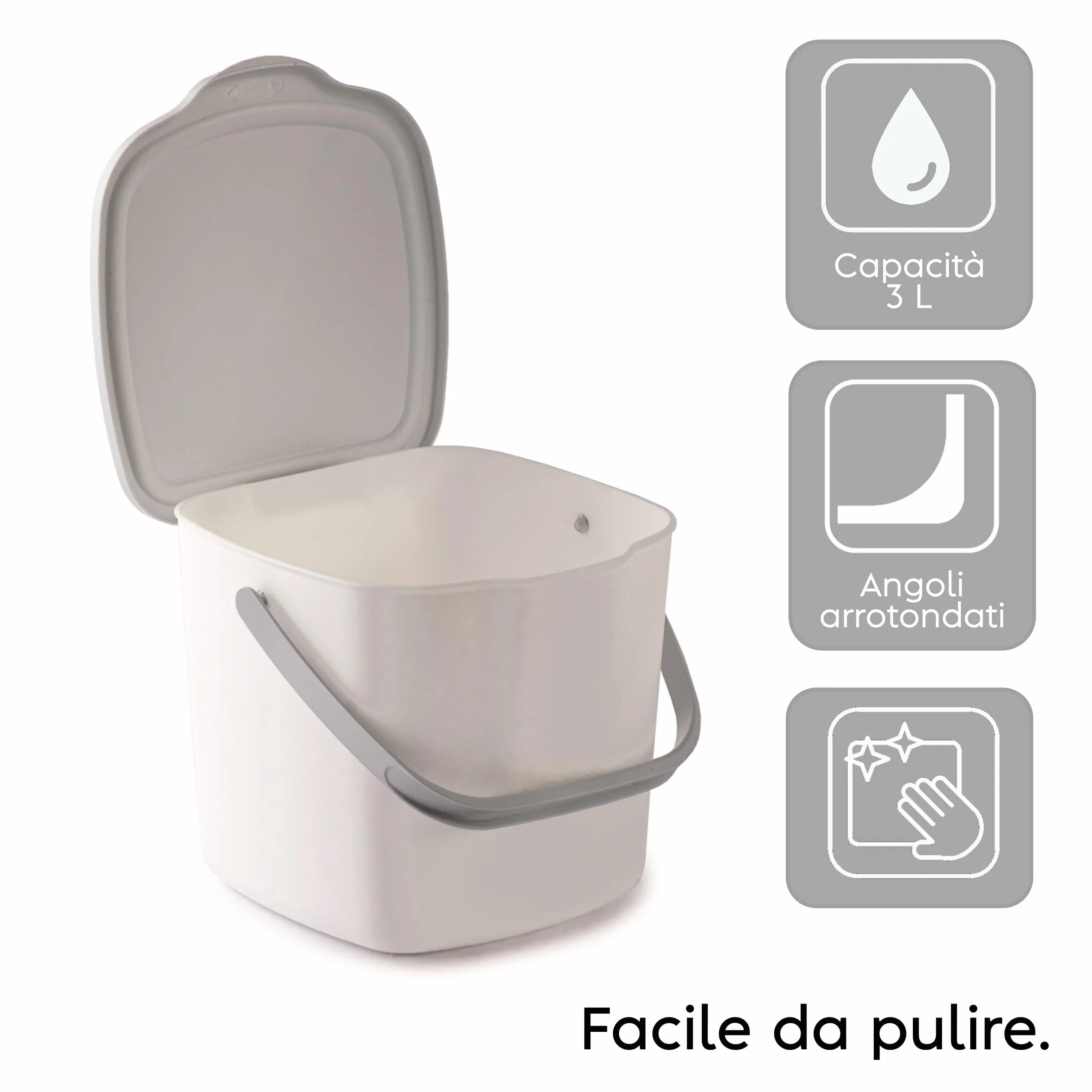 Snips Pattumiera Umido Cucina 3L – Pattumiera Sottolavello da Appendere con Coperchio Rimovibile, Manico e Gancio, 20,5 x 18,5 x 16,7 cm, Bianco – Made in Italy